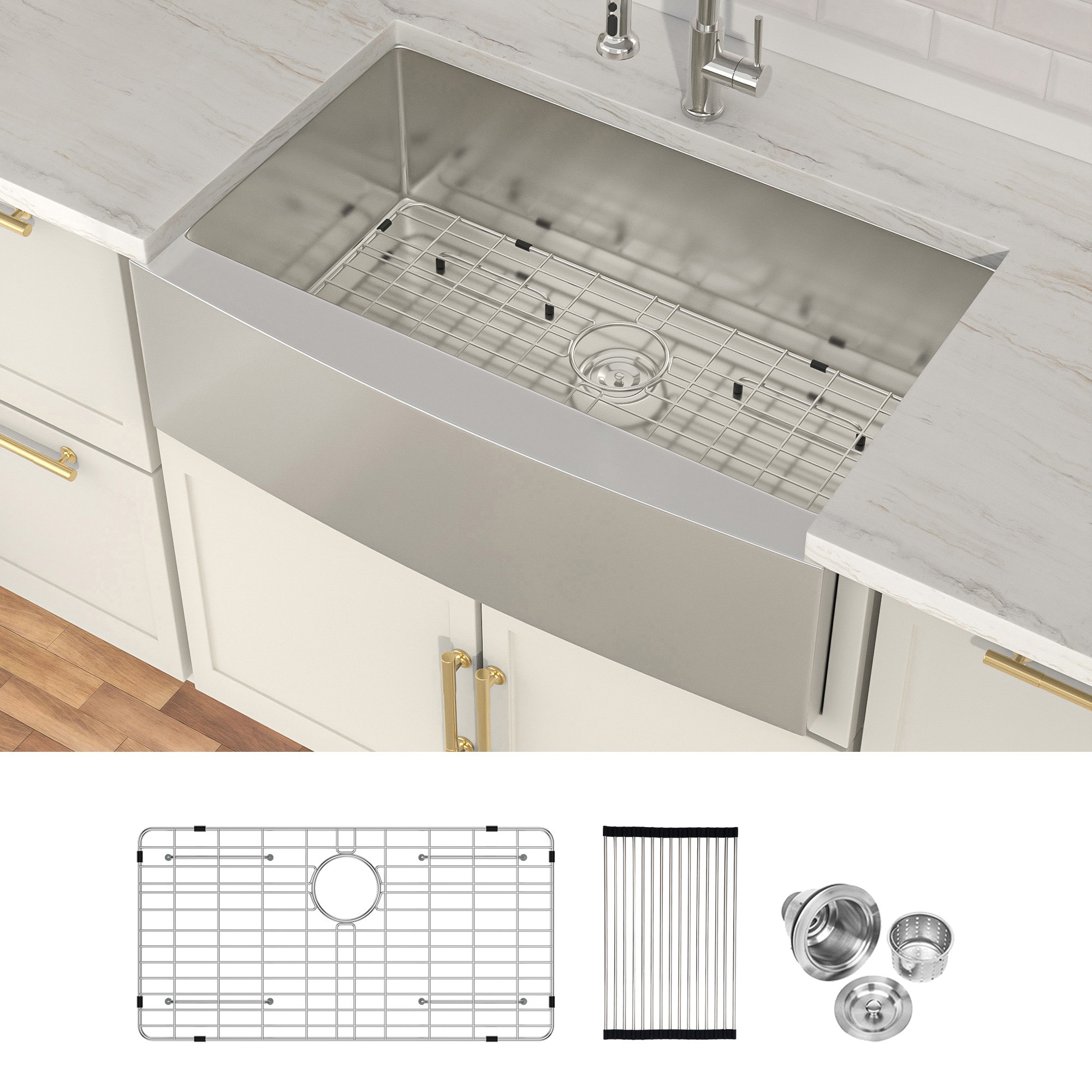 Lordear LD-LA3621R1 16 Gauge Undermount Brushed Nickel Sink with Drain Assembly Farmhouse apron front 30-in x 21-in Stainless steel Single bowl 16 -Gauge Kitchen Sink