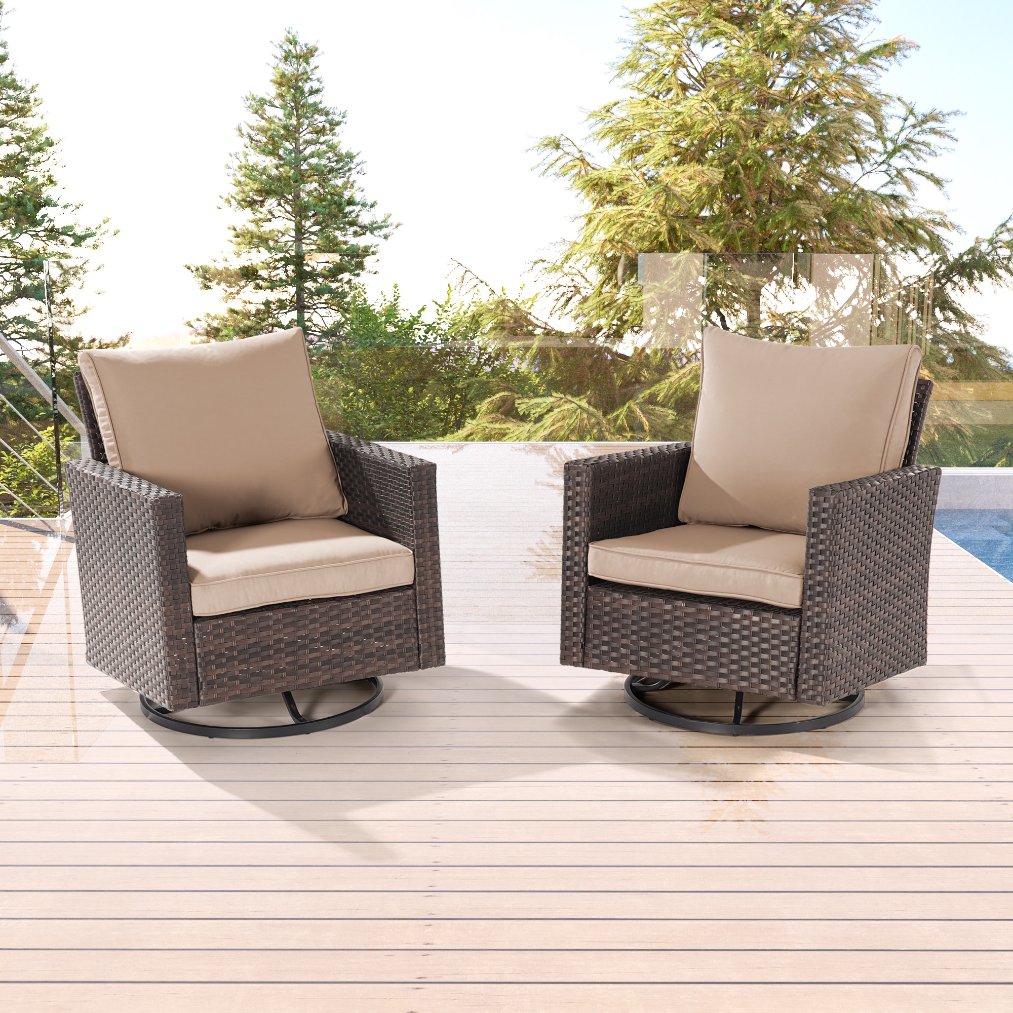 Sonkuki SD-2RCBSDTB2 Swivel Rocking Chair 2 -Piece Rattan Patio Conversation Set with Off-white Cushions