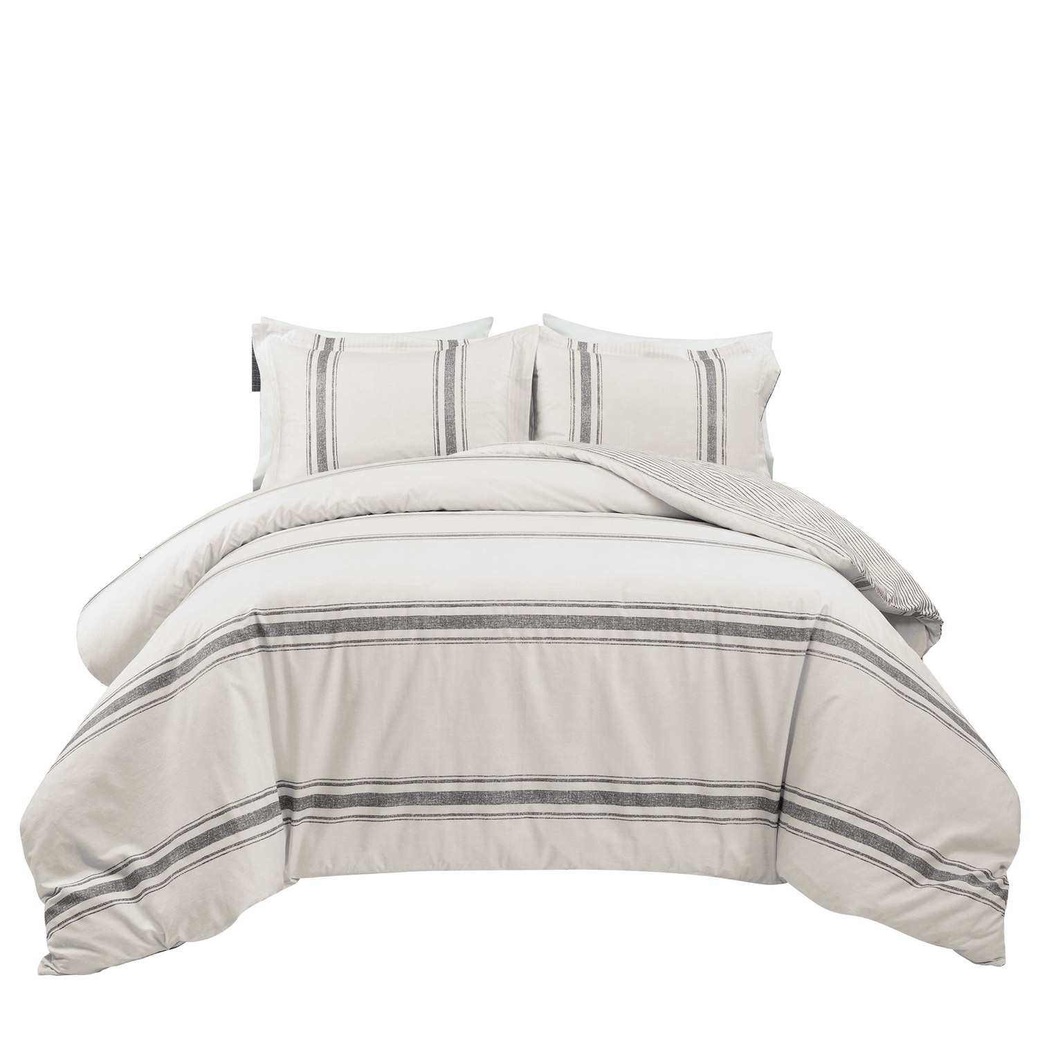 Gray Cotton Full/Queen Farmhouse Stripe Reversible Duvet Cover Set