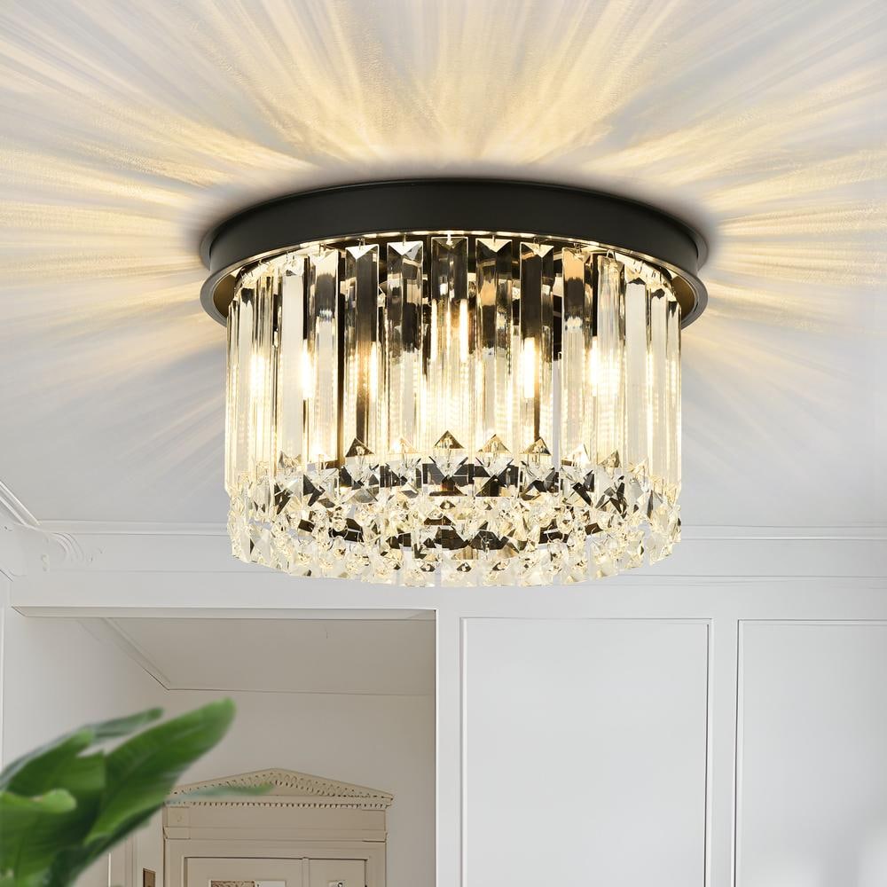 Henveton Essel 11.81 in. 4-Light Flush Mount Ceiling Light Modern Black Finish with Crystal Accents and Drum Shade #YL900680X-1B