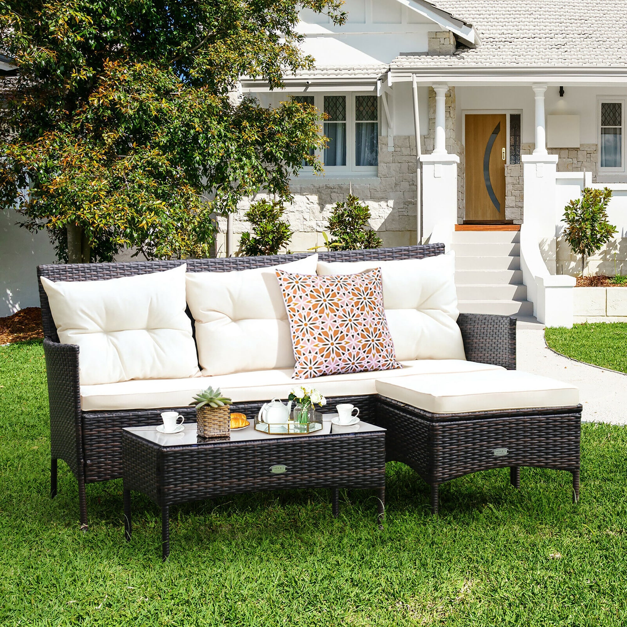 BABOOM BOM-14WH-CO Patio Furniture Set 3 -Piece Rattan Patio Conversation Set with White Cushions