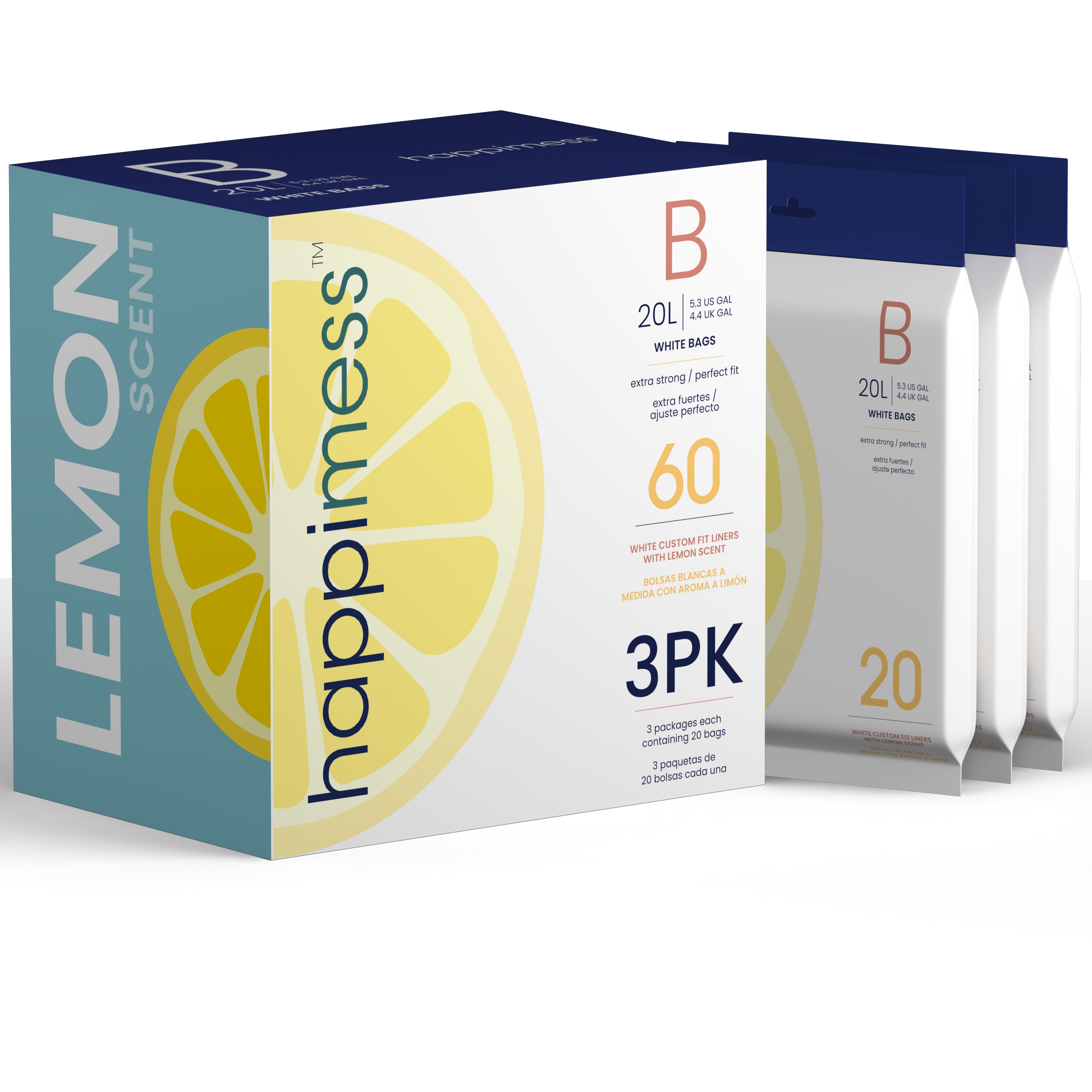happimess HPM3100B-WHITE Lemon Scented 3-Packs of 20 Liners 5.3-Gallons Lemon White Indoor/Outdoor Plastic Kitchen Drawstring Trash Bag 60 -Count