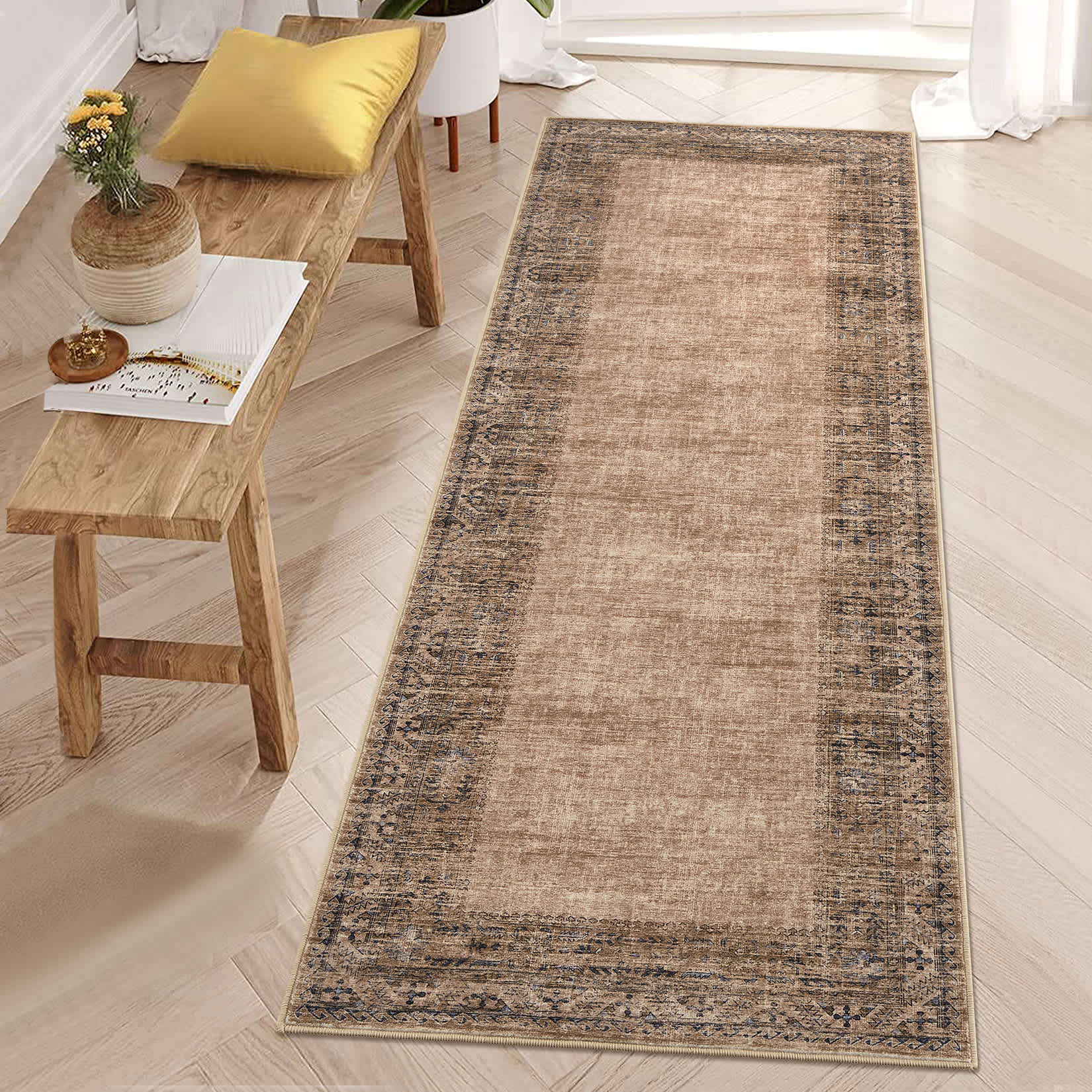 Qeetex SUNNY-PHK-34EX5L7W 2 x 6 ft Polyester Red Brown Rectangular Indoor Laundry Bathroom Kitchen Distressed Floral Print Vintage Machine Washable Runner Rug