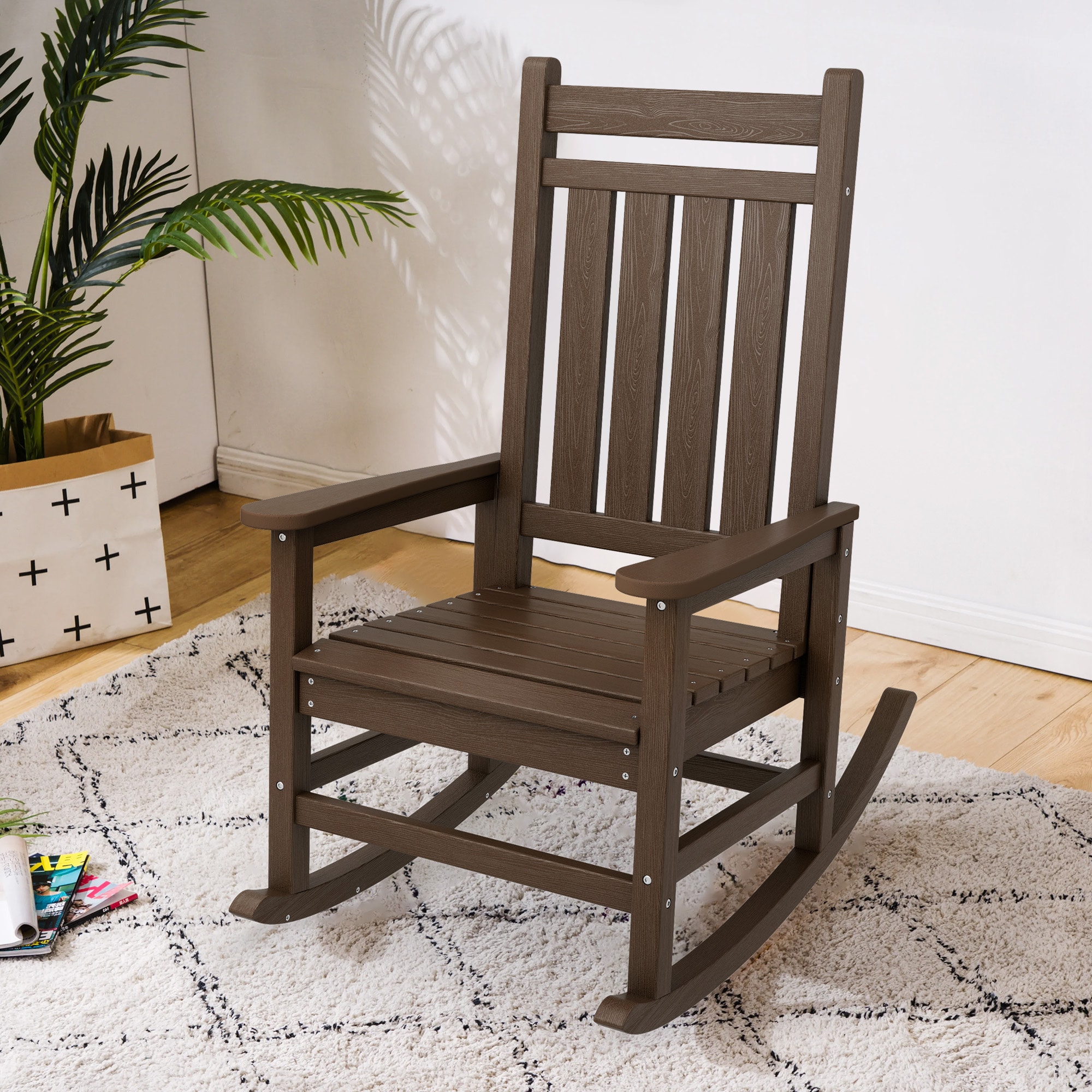 VOUA PEGBYY-CE HDPE Patio Rocking Chairs Weather Resistant COFFEE HDPE Frame Rocking Chair with Slat Seat