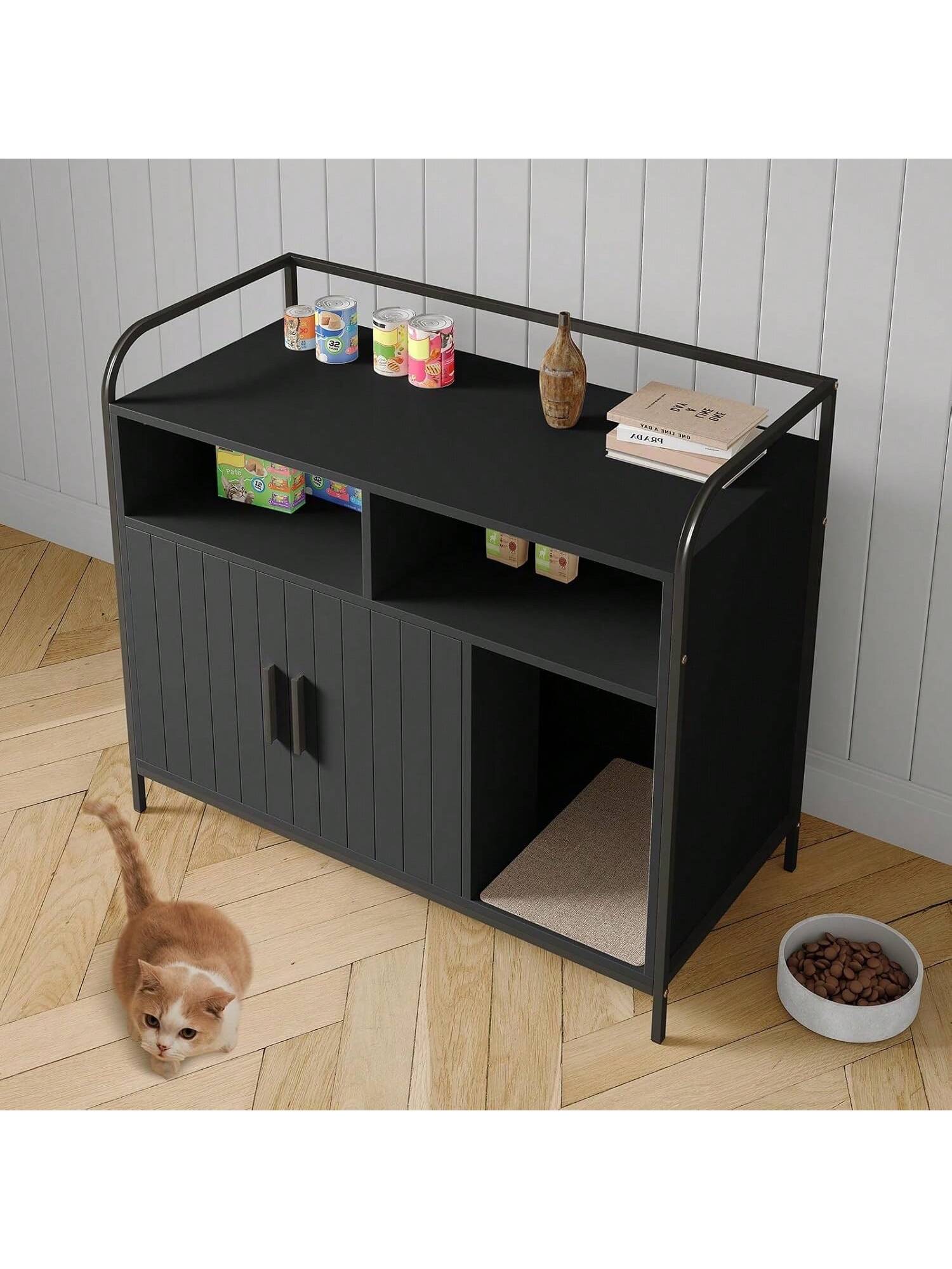 Qeetex BY-PPS-335JW8E3 Cat Litter Box Enclosure With Metal Frame And Dual Storage Shelves Modern Hidden Litter Box Furniture Indoor Cat House Side Table Style