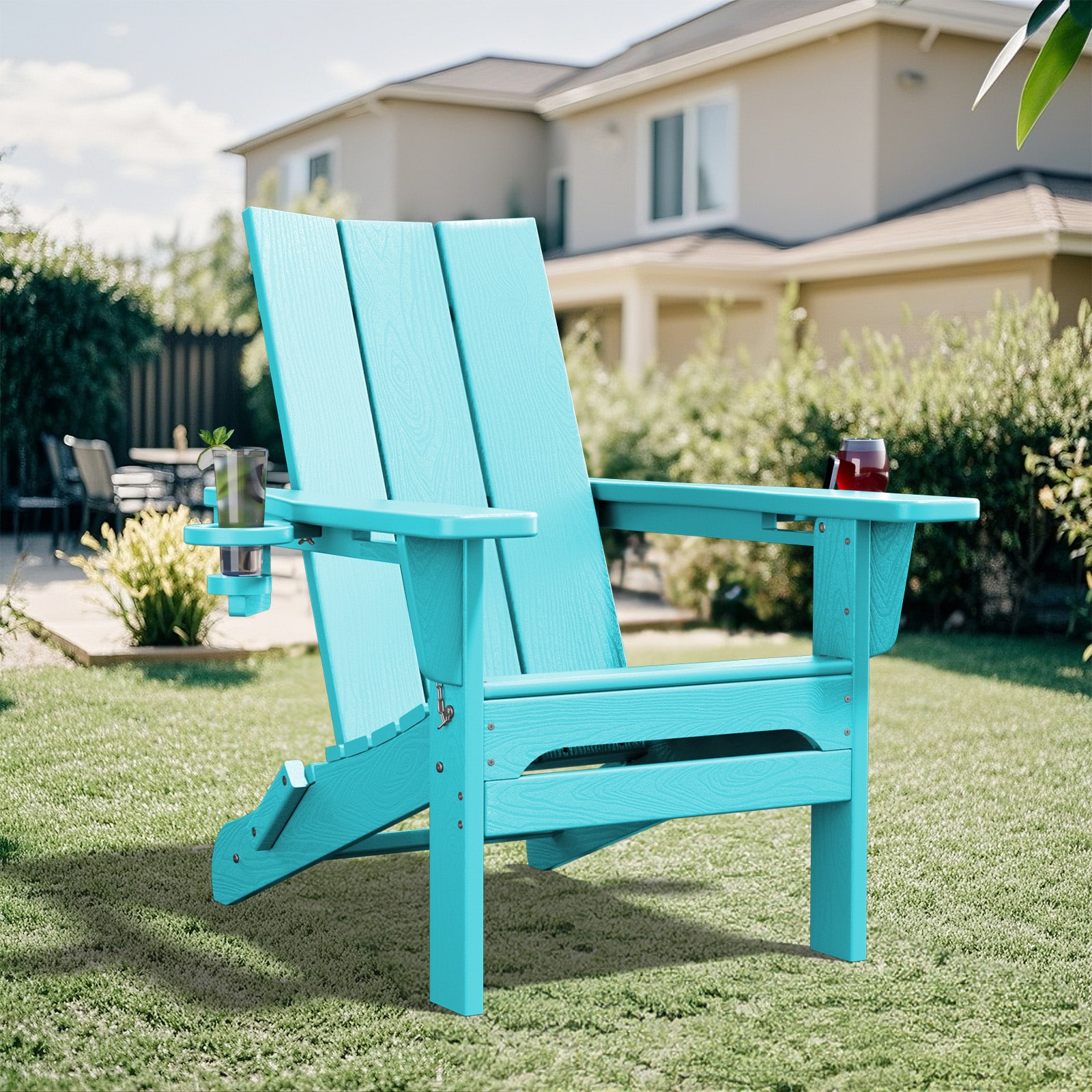 JEAREY YDQWY-GD-TB HDPE Patio Adirondack Chair with Dual Cup Holders Aruba Blue HDPE Frame Stationary Adirondack Chair with Blue Slat Seat