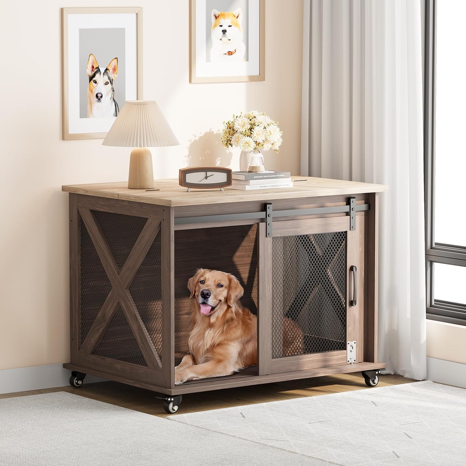 Qeetex LHF-GLG-W6I248 37 InchDog Cage Farmhouse Dog Crate Furniture with Sliding Barn Door Flip Top Wooden Dog Kennel End Table with Wheels and Movable Divider Indoor Dog Cage House for Medium Dogs Dark+Oak Top