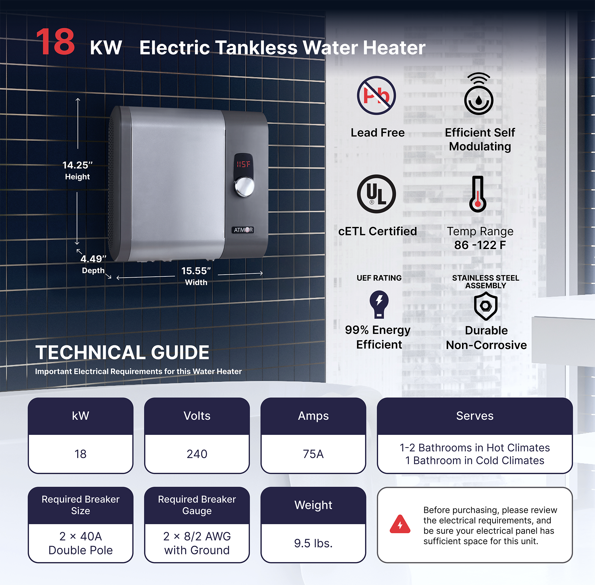 Rheem 18kW 240V Tankless Electric Water Heater 