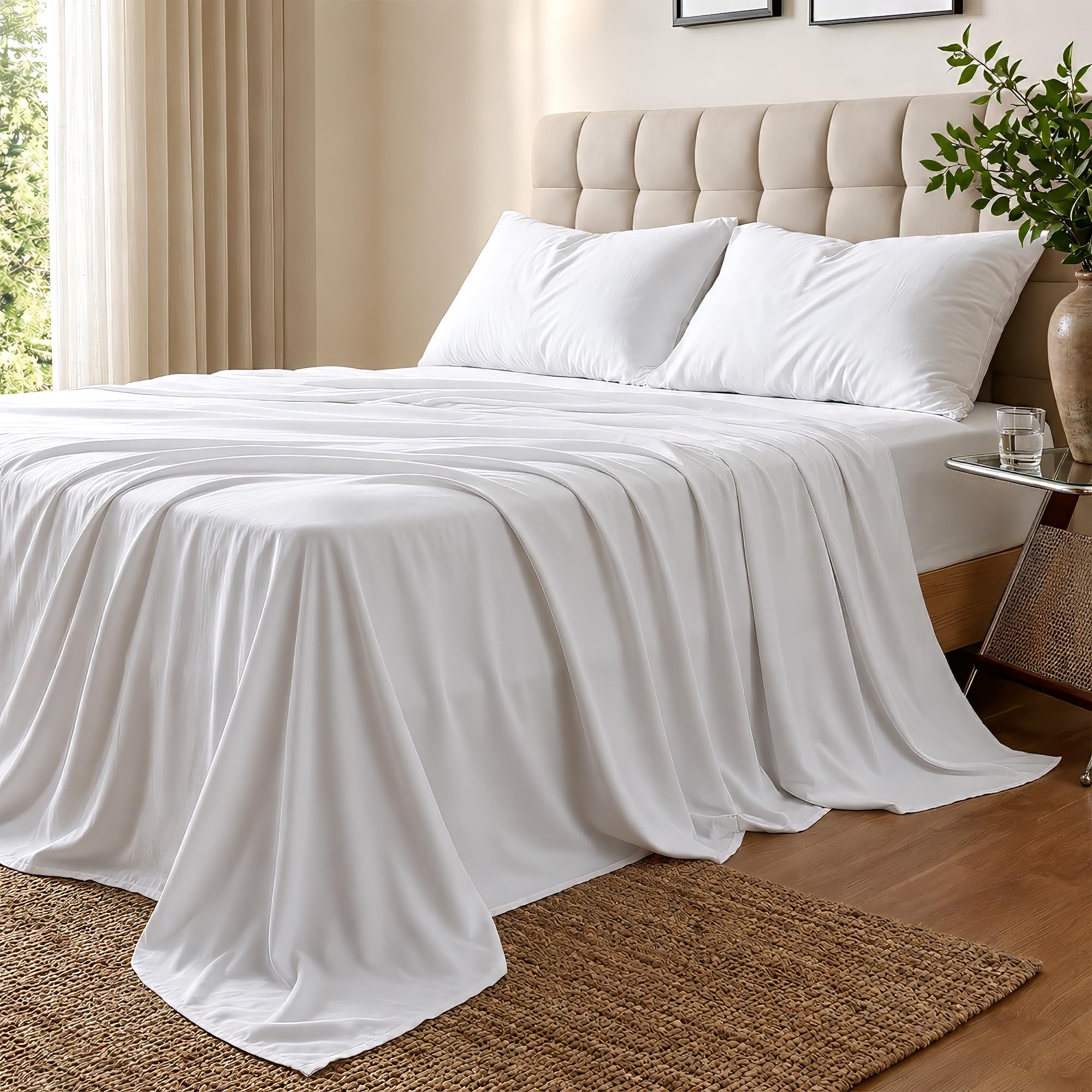 Yichuhaoxi  Queen Bed Sheets Set 4 Piece 100 Percent Bamboo Viscose Cooling Soft Breathable 400 Thread Count Deep Pocket Fits 16 Inch Mattress