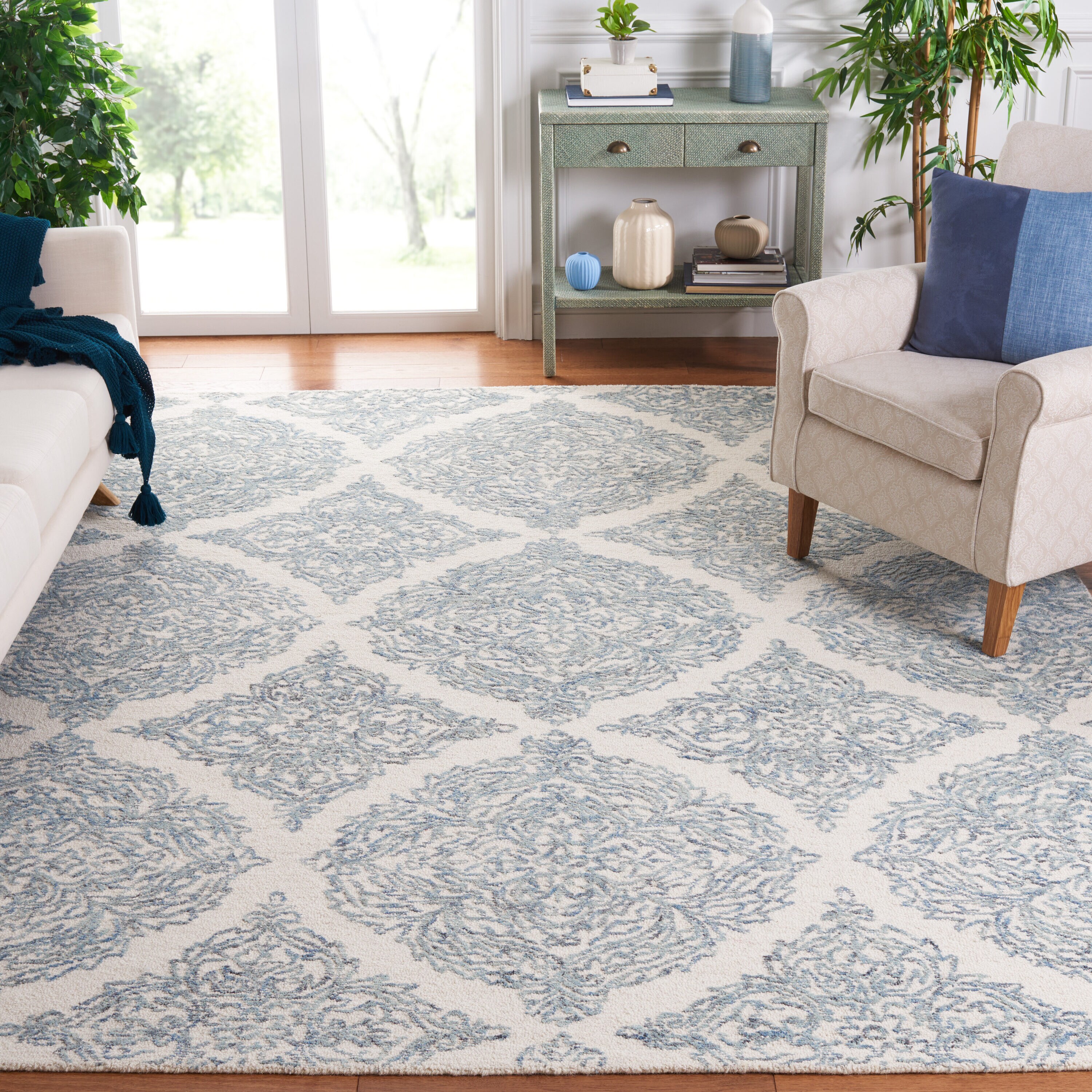 Abstract 8 x 10 (ft) Tufted Wool Ivory/Blue Rectangular Indoor Mid-Century Modern Professionally Clean Only Area rug