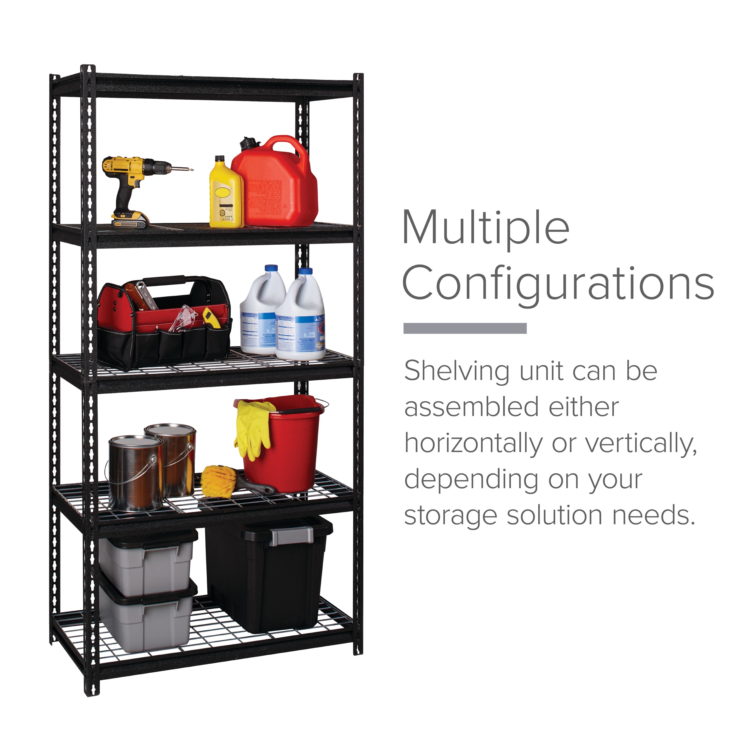 Riveted Steel 5-Shelf Adjustable Wire Deck Shelving, 72"H x 36"W x 18"D, Black
