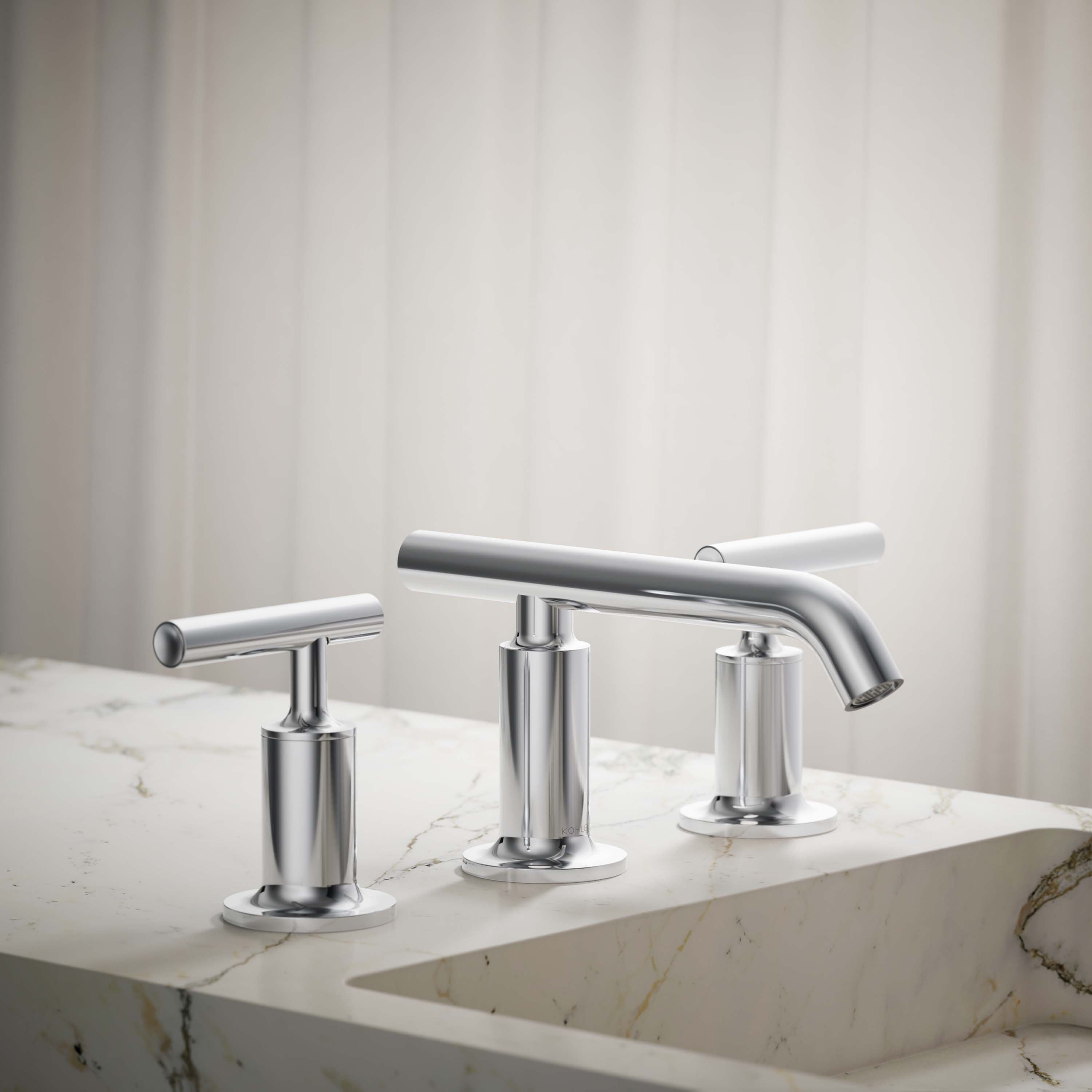 KOHLER 14410-4-CP Purist Polished chrome Widespread 2-handle WaterSense Low-arc Commercial/Residential Handle Bathroom Sink Faucet with Drain