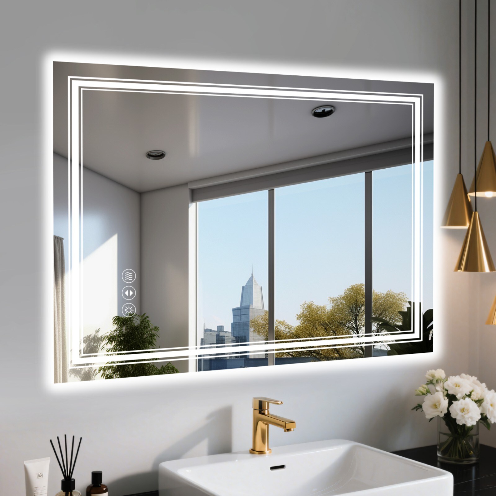 Iseryn - 48-in x 32-in Polished Frameless Rectangle Dimmable LED Lighted Fog Free Bathroom Vanity...