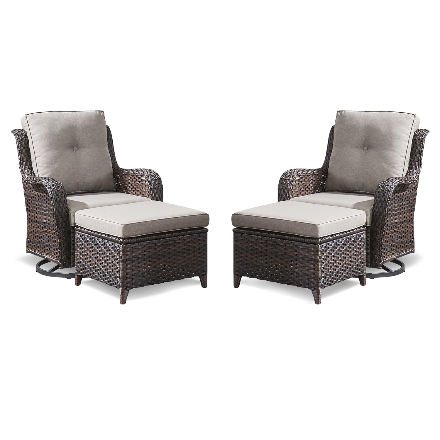 Rilyson FS023014-3 Curved handrail Set of 2 Wicker Brown Steel Frame Swivel glider Rocking Chair with Gray Gray Cushioned Seat