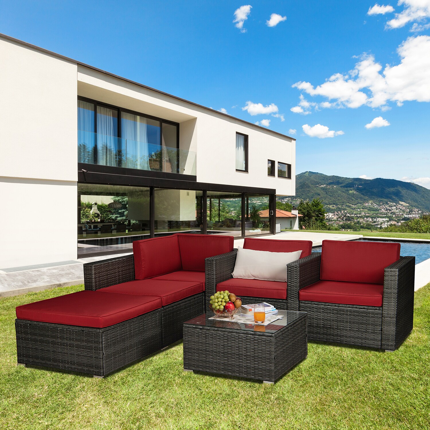 SINOFURN Rattan Outdoor Sectional with Red Cushion(S) and Rattan