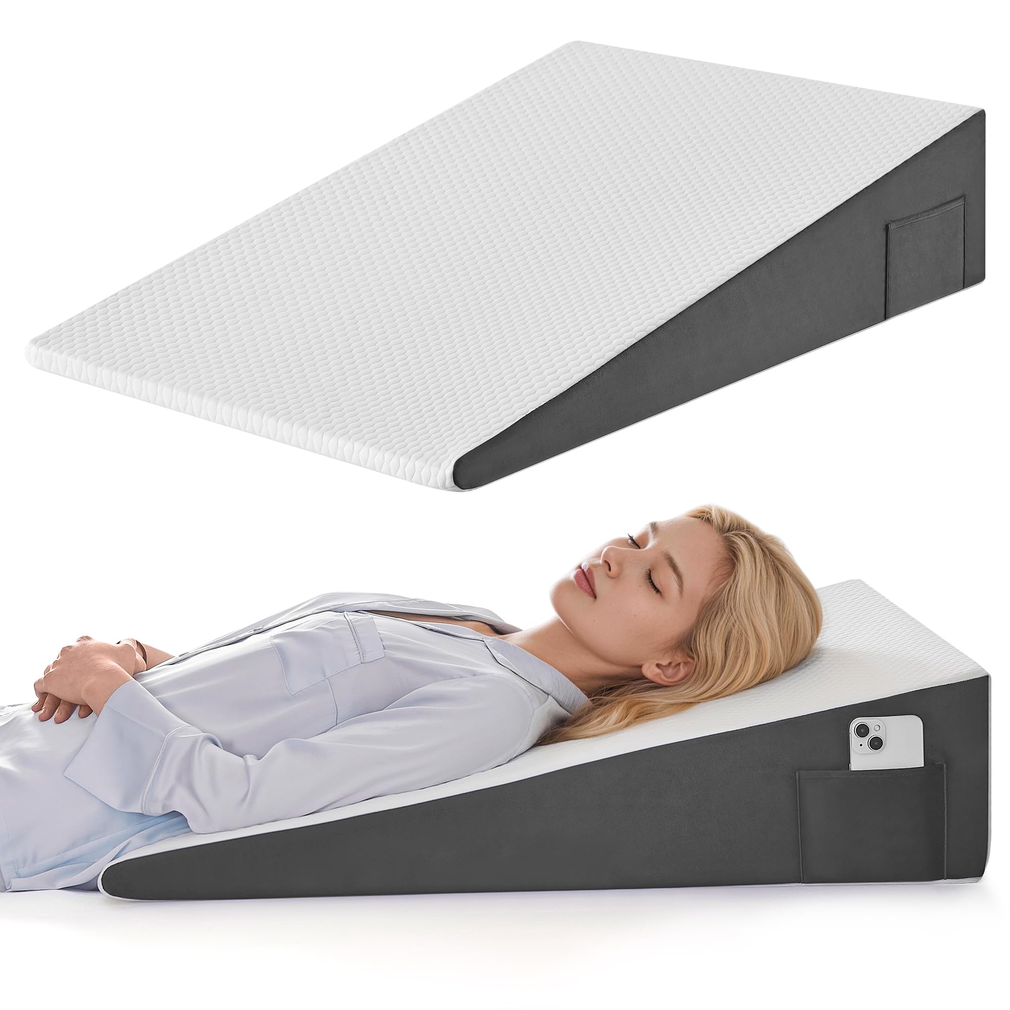 PIGFDK White Gray Extra Long 34 x22 x5 inch 30 Degree Incline Foam Bed Wedge Pillow For Sleeping Post Surgery Support