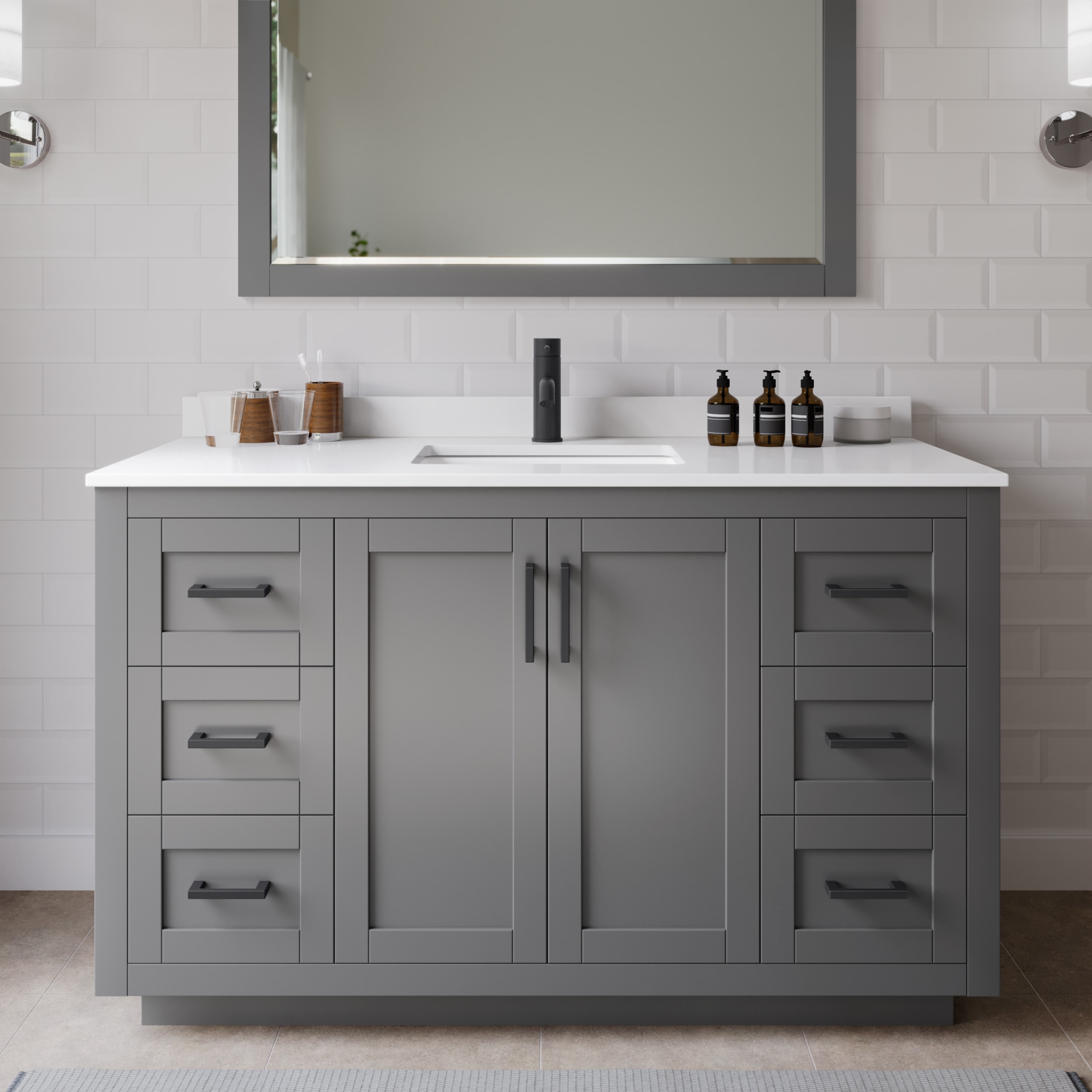 Wyndham Collection WCF292954SGBWCUNSM46 Miranda 54-in Dark Gray with Matte Black Trim Undermount Single sink Bathroom Vanity with White Cultured Marble Cultured marble Top (Mirror Included)