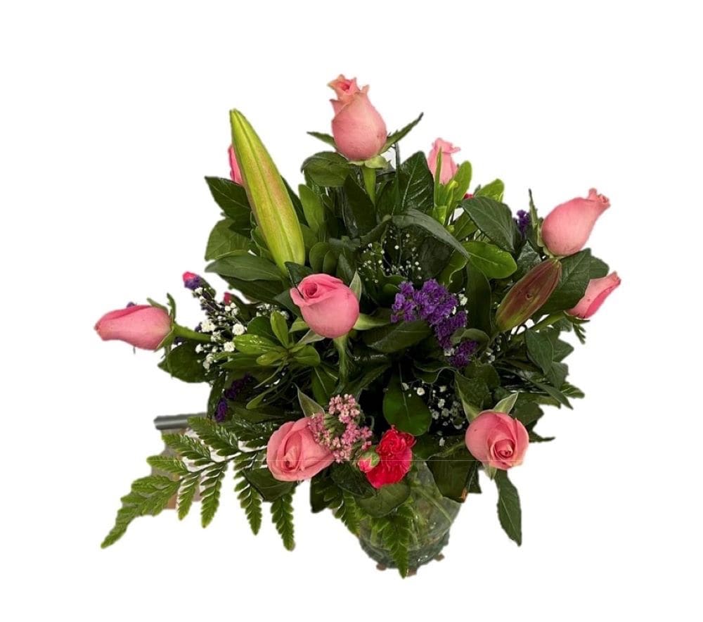 Lowe's 5133277 Deluxe floral arrangement with vase Pink in Vase ( 20 -Stems ) Includes Roses Includes Lillies