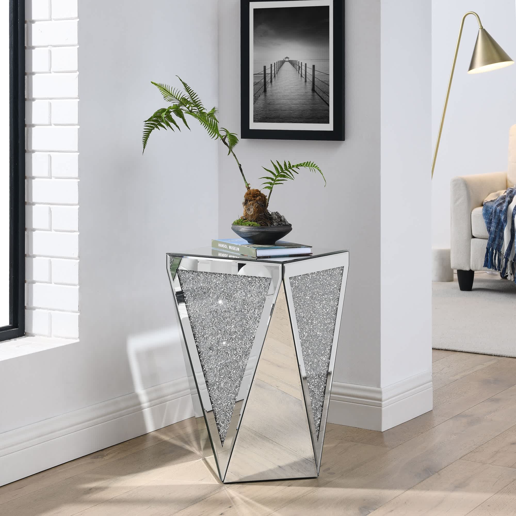 Vynxaria LEXY0505-DJJJ-BZ075 Series 13 in. Silver Square Glass End Table with Diamond Inlay Design