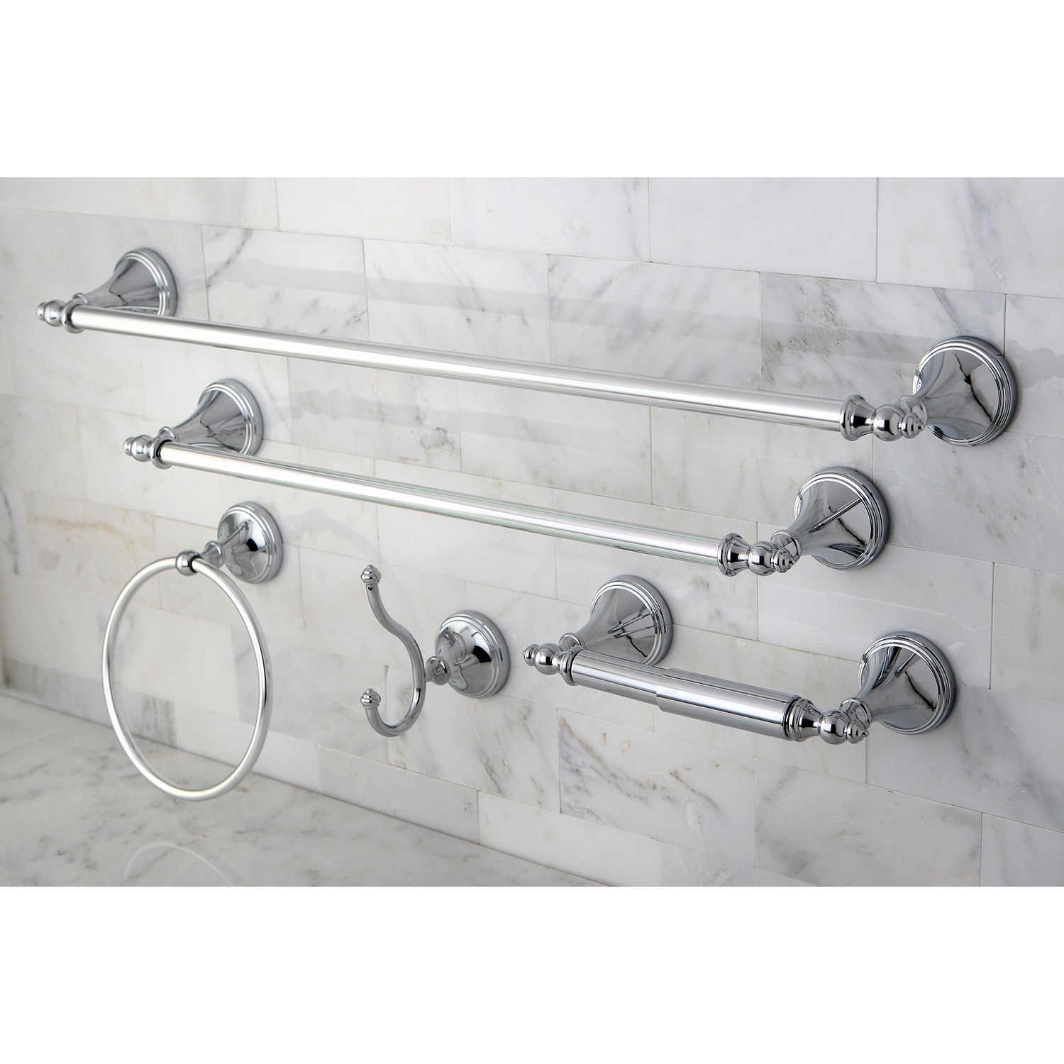 Kingston Brass 5 Piece Polished Chrome Decorative Bathroom Hardware Set With Towel Bar Toilet 7518