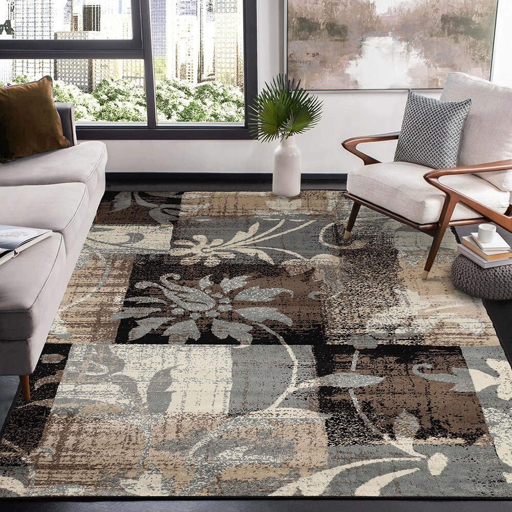 Beige Floral Patchwork 8' x 10' Synthetic Area Rug