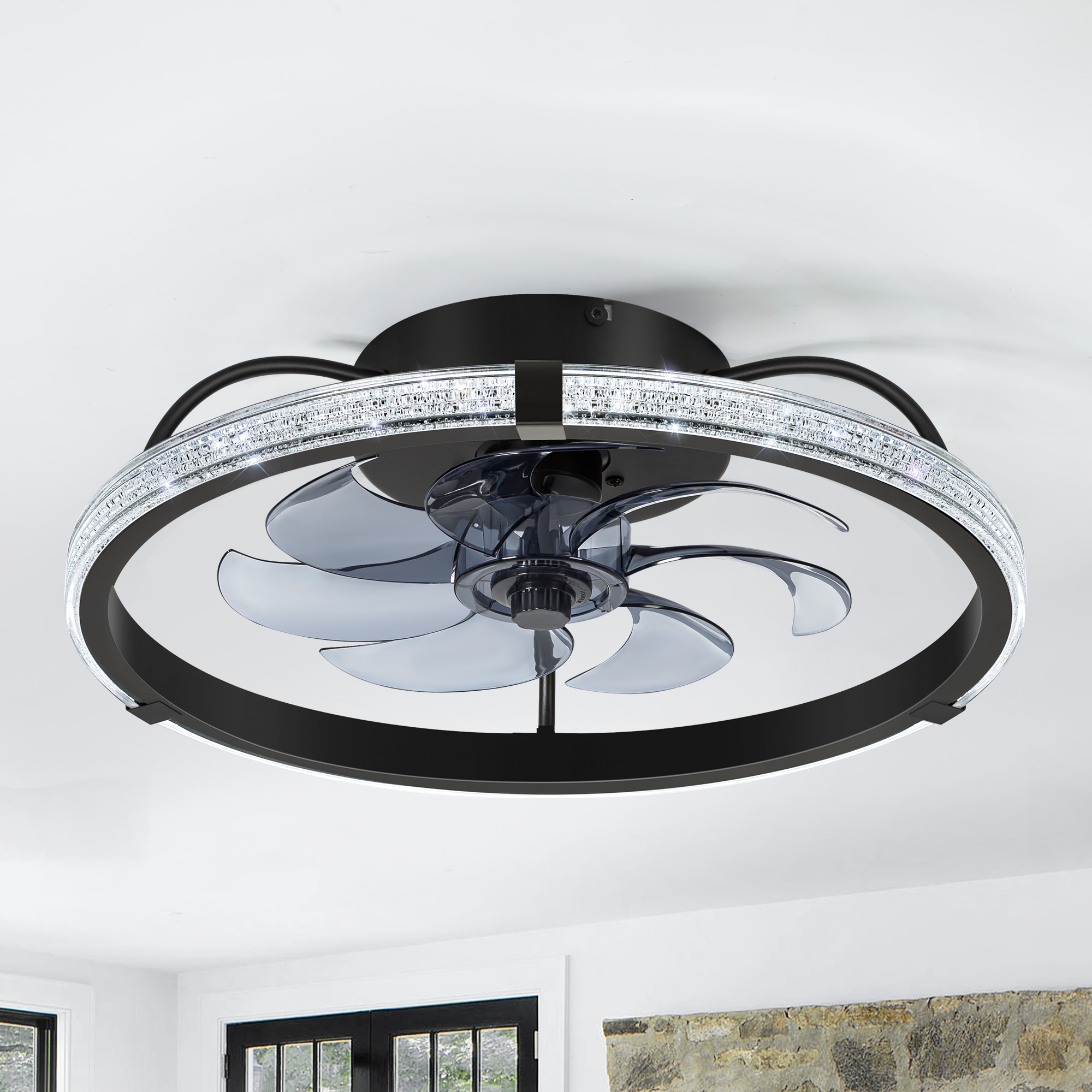 Breezary 33060-BK Low-profile 20-in Color-Changing Integrated LED Flush Mount Black with Bluish-Gray Blades Cage Ceiling Fan With Light 7 -Blade )