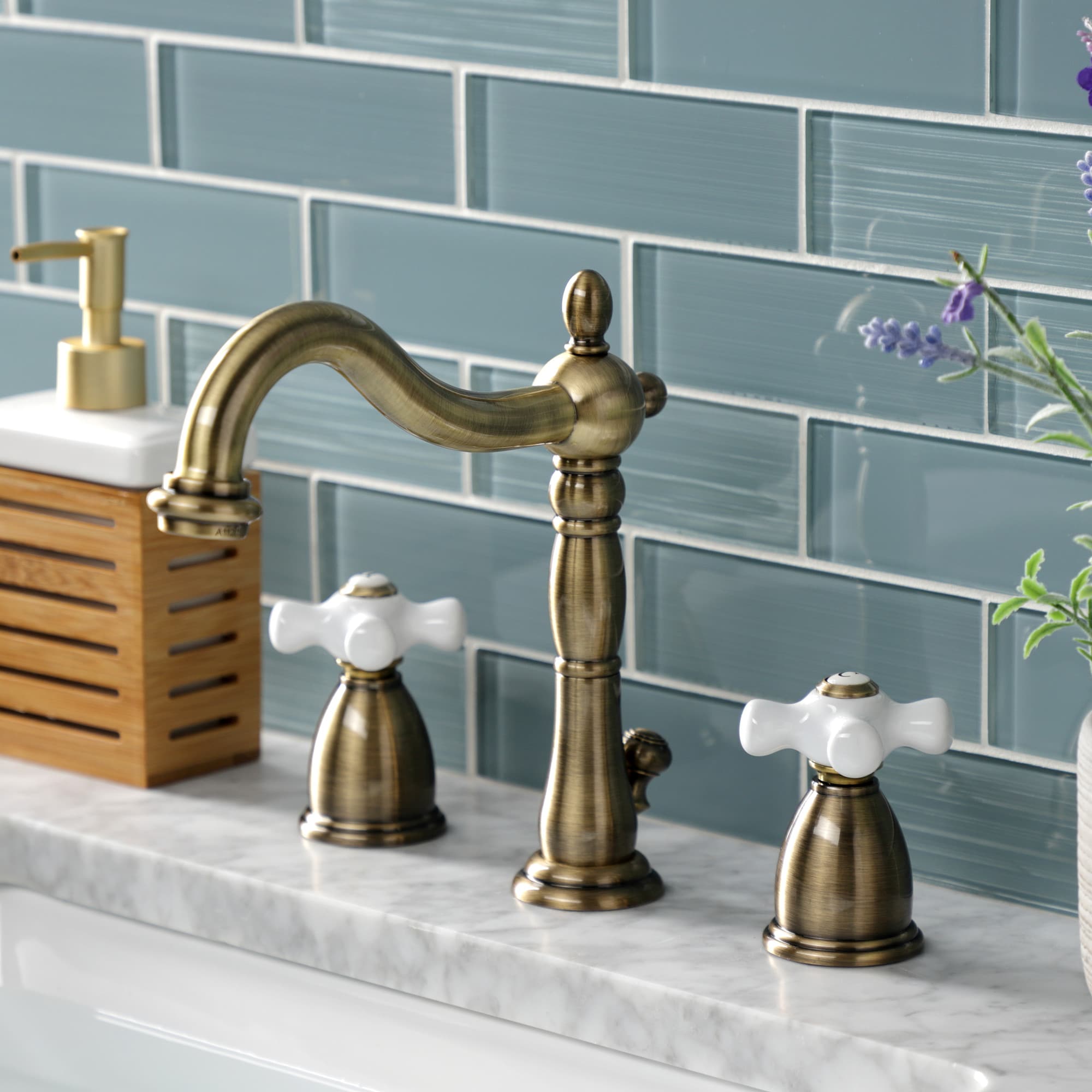 New Orleans Antique Brass Widespread Bathroom Faucet with Cross Handles