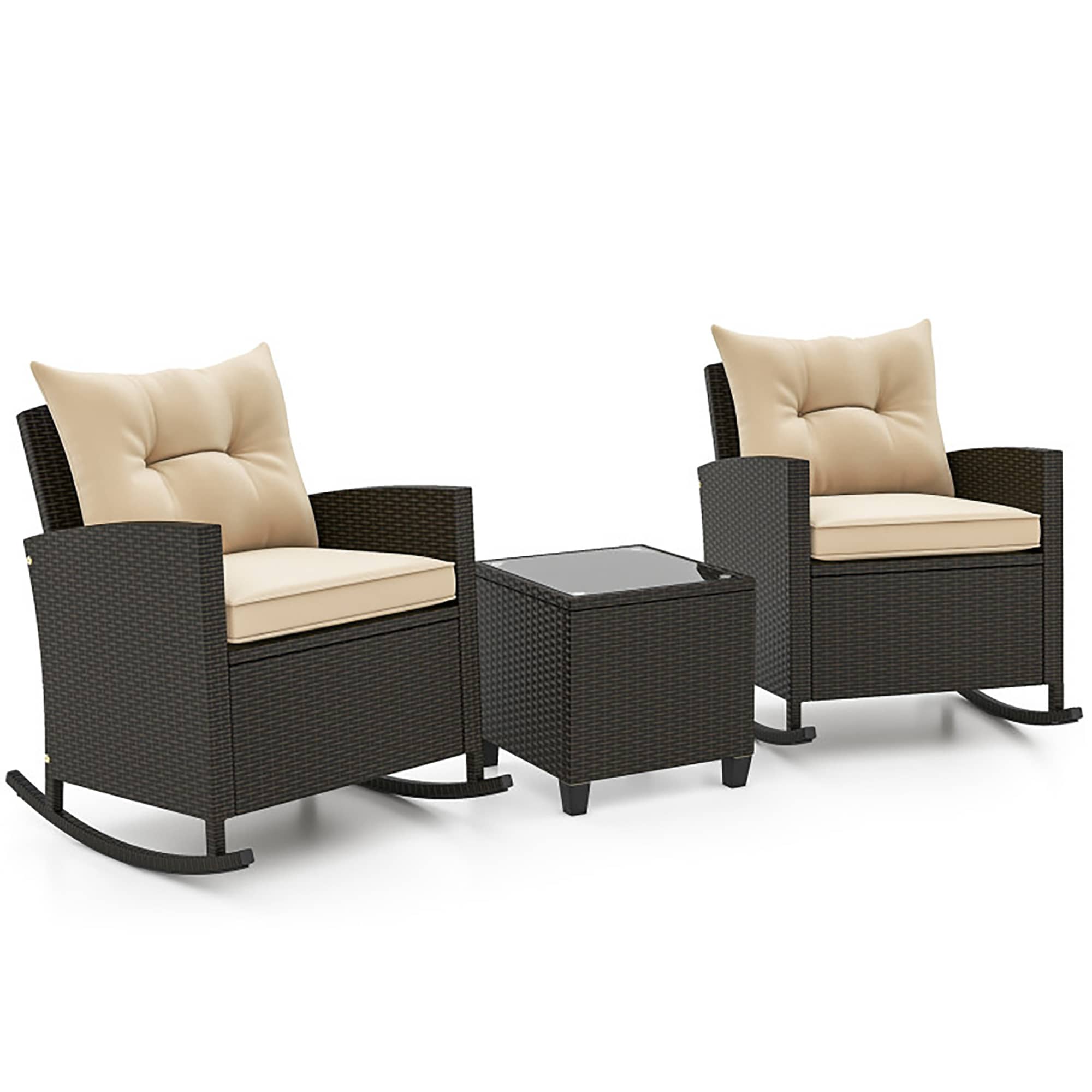 CASAINC WF-SM-KF-C01R Patio Rattan Roker Chairs Table Set 3 -Piece Rattan Patio Conversation Set with Off-white Cushions