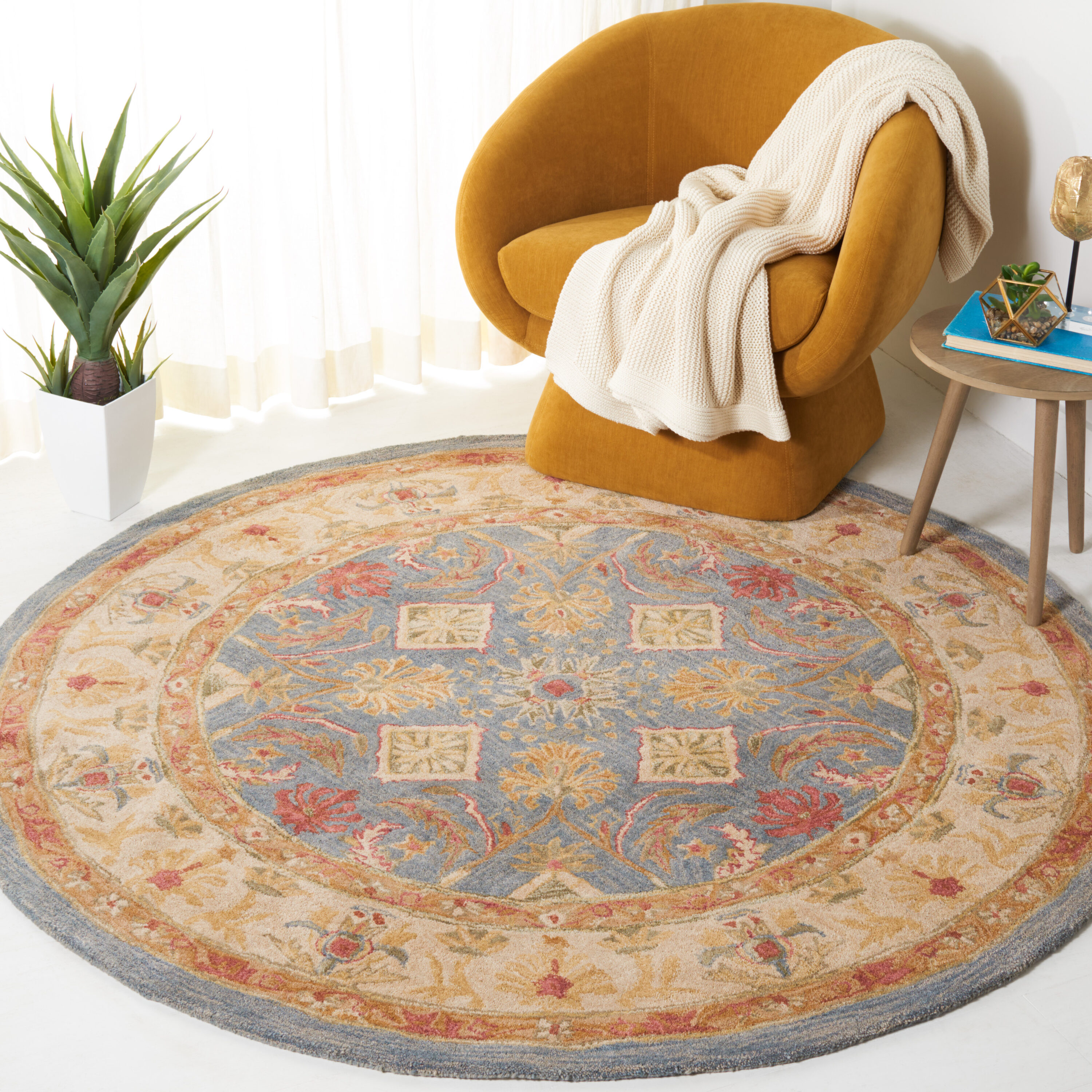  An544 Light Blue/Ivory Traditional 6ft x 6ft Round Rug