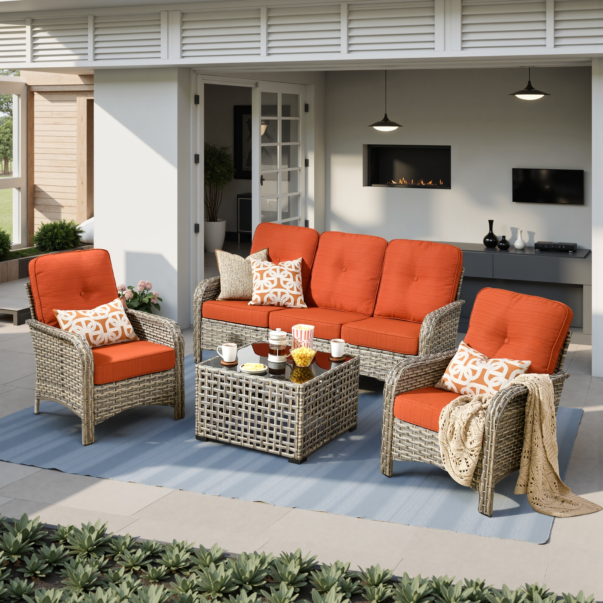 weaxty HMBVNC800S41 Belvoir 4 -Piece Wicker Patio Sofa Conversation Set with Orange Cushions