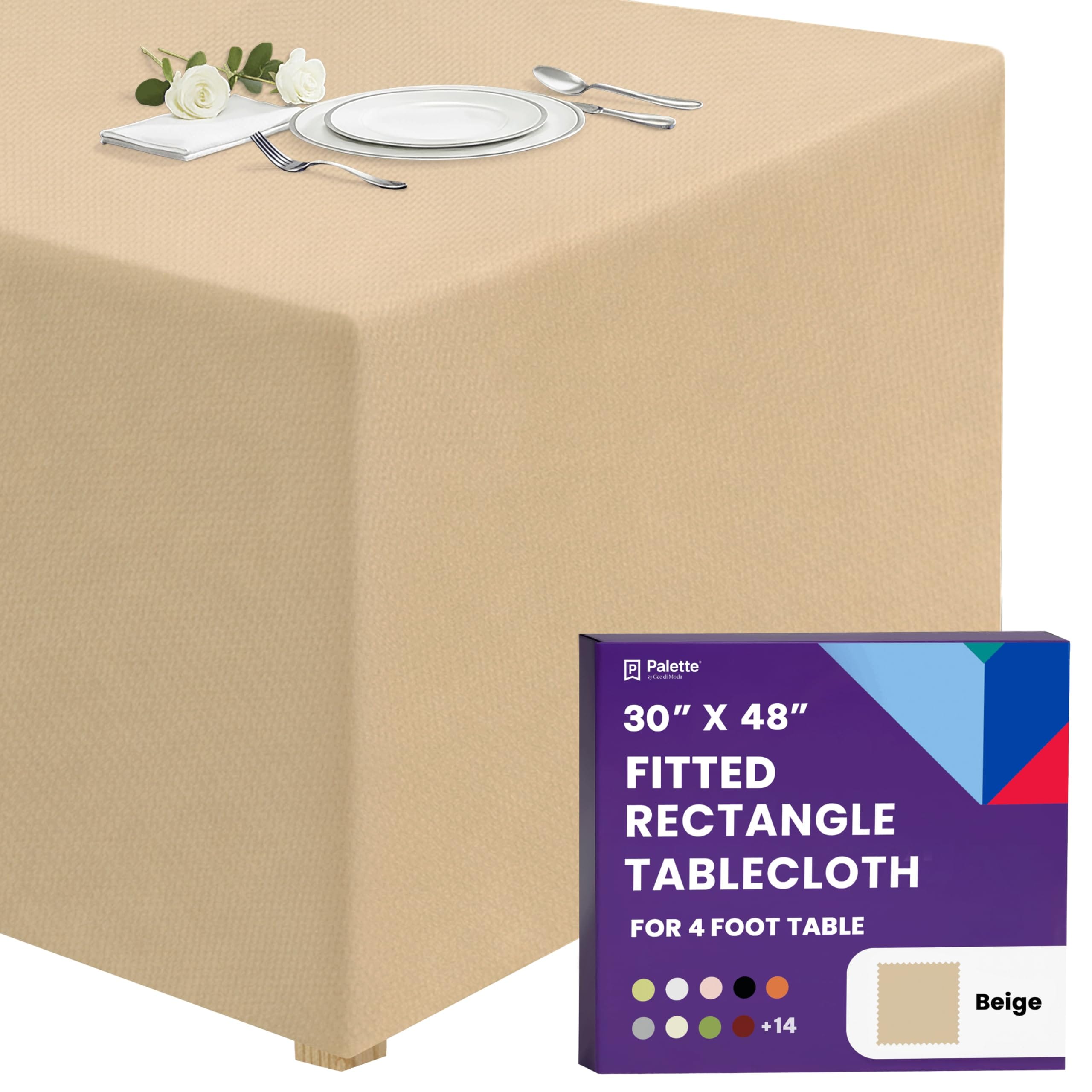 Gee Di Moda  Fitted Tablecloth - 4 Ft Inch Beige Fitted Table Cloth - Heavy Duty Washable Fabric - for Buffet Table Holiday Party Dinner Wedding and Baby Shower