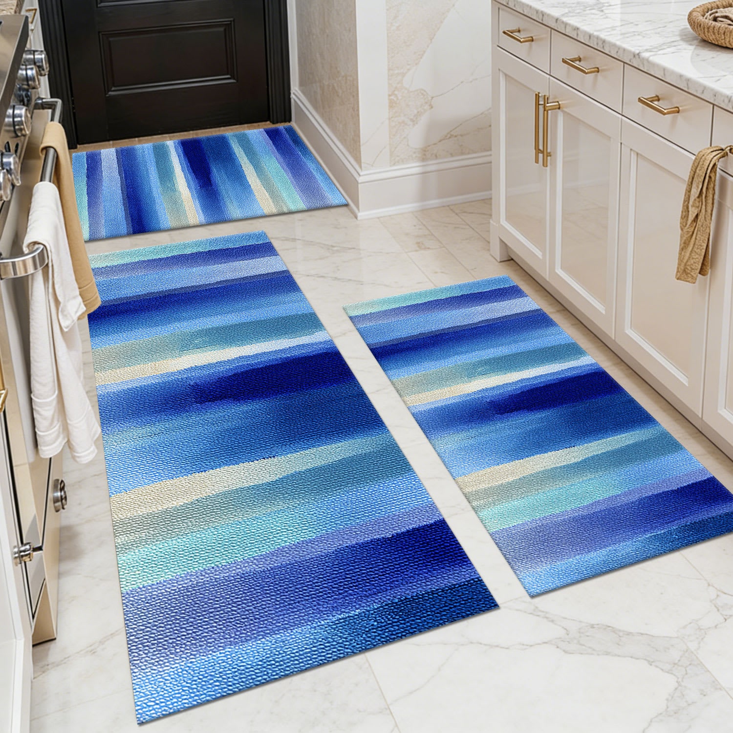 TOBILI  20 X 32in 20 X 47in 20 X 60in Faux Cashmere Dark Blue Yellow Rectangular Indoor Abstract Gradient Stripe Non Slip Washable Pet Friendly Rug Set of 3 Piece