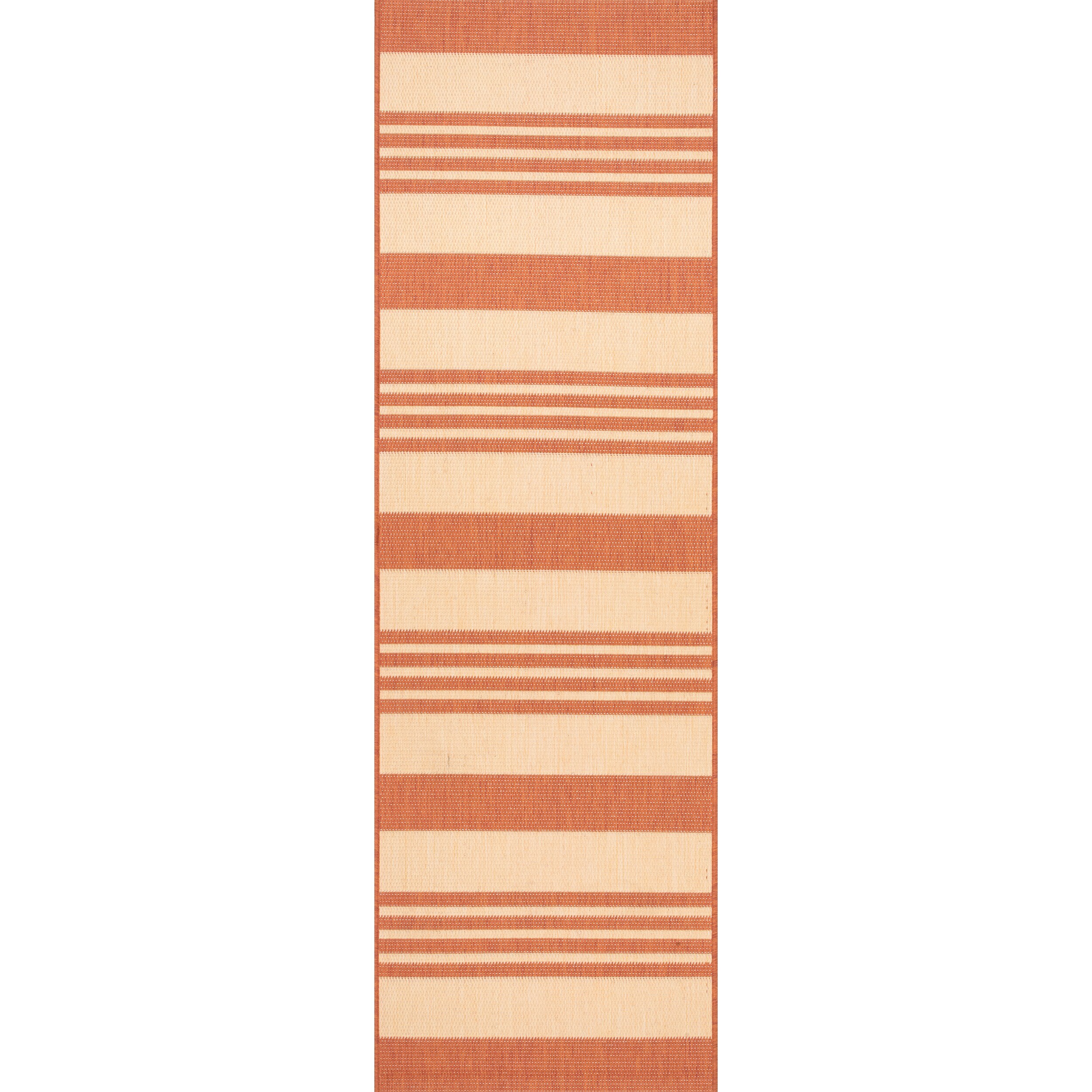 Terracotta and Beige Striped Synthetic Reversible Runner Rug