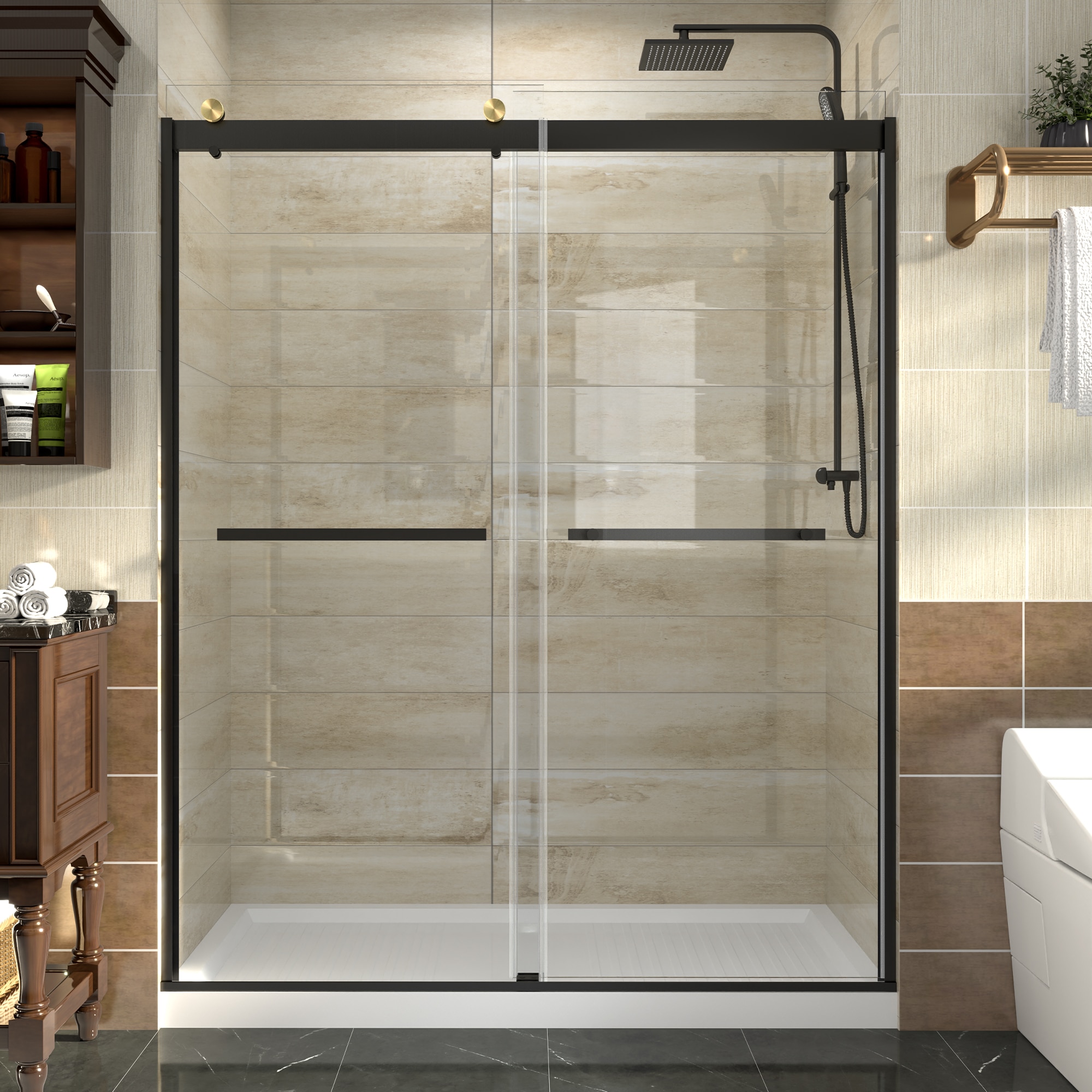 WELLFOR NOBLE-170 SD Sliding Shower Door Black+Gold 56-in to 60-in W x 74-in H Framed Clear Glass Sliding Shower door