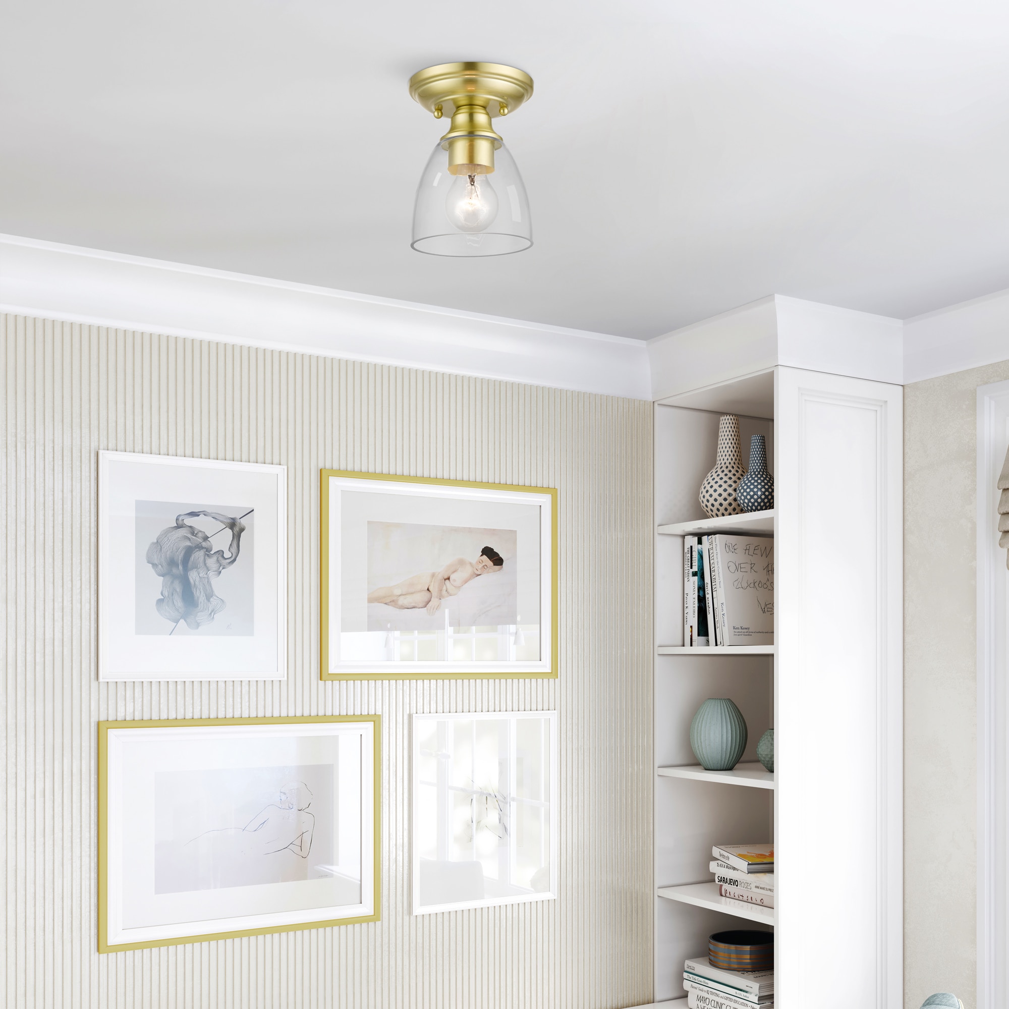 Satin Brass and Clear Glass 1-Light Flush Mount