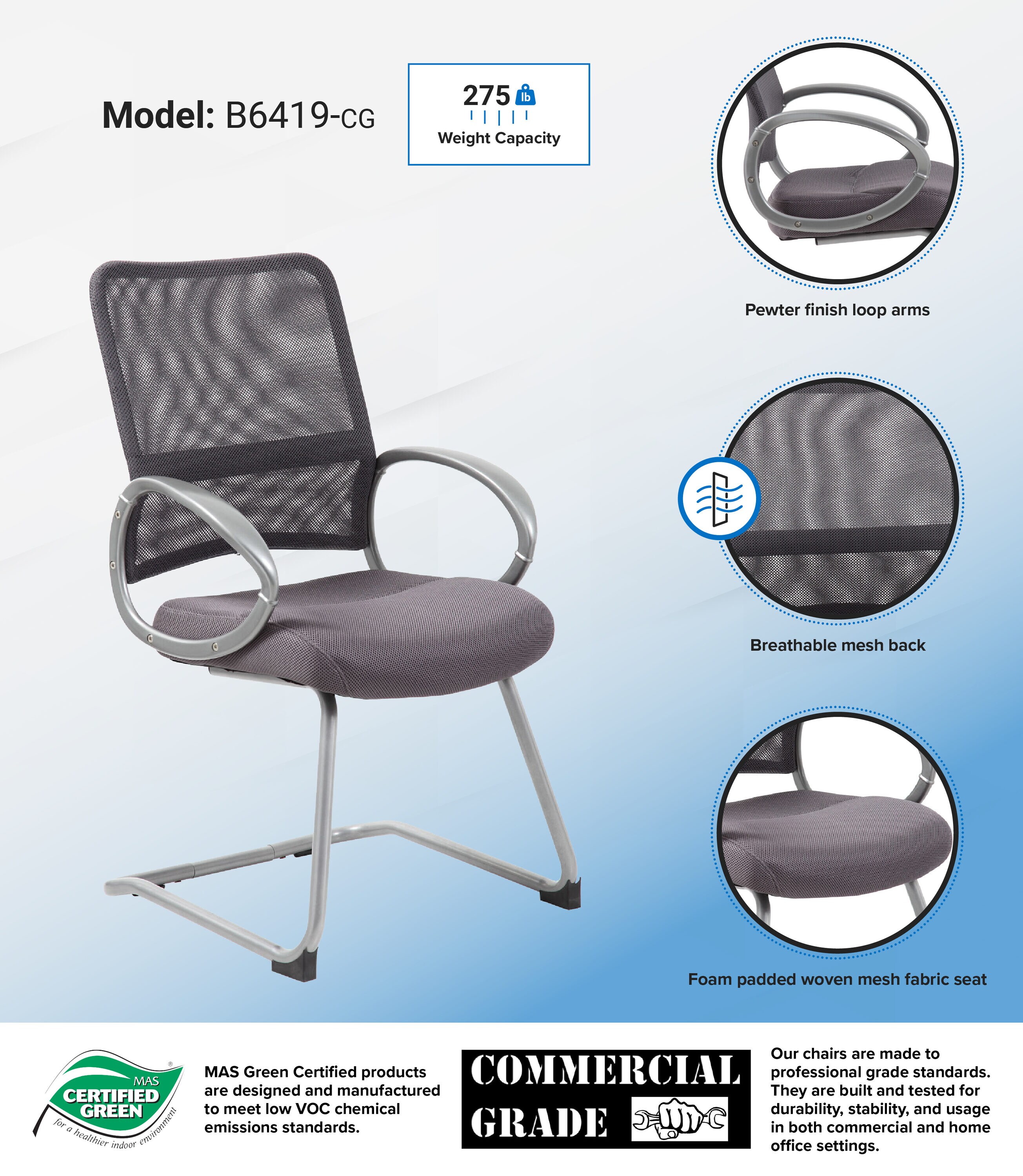 Charcoal Gray High Back Mesh Guest Chair with Pewter Metal Base