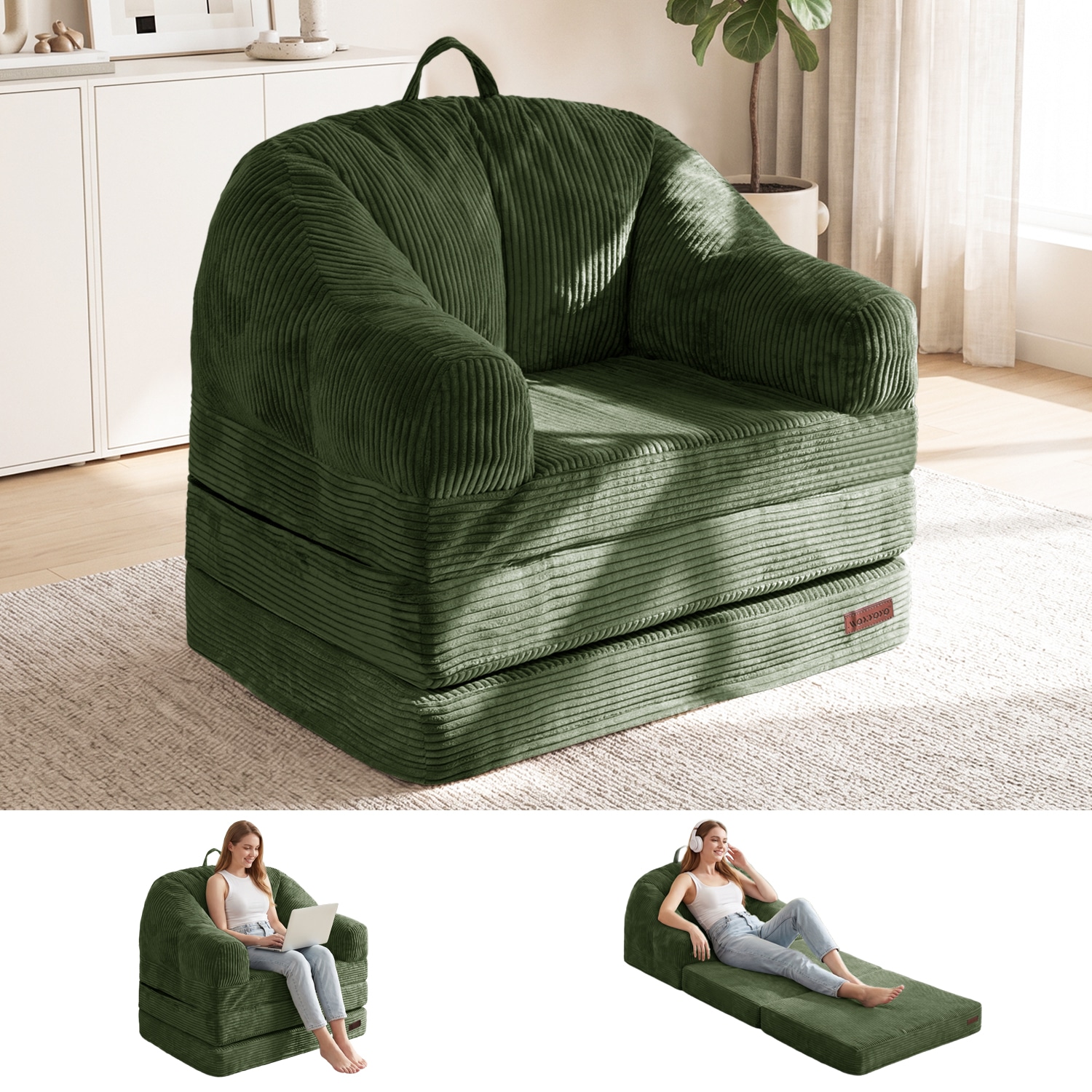 MAXYOYO M-A43-LIONFUR-SDBLUE 2 in 1 Convertible Bean Bag Chair Corded Fabric Folding Sofa Bed