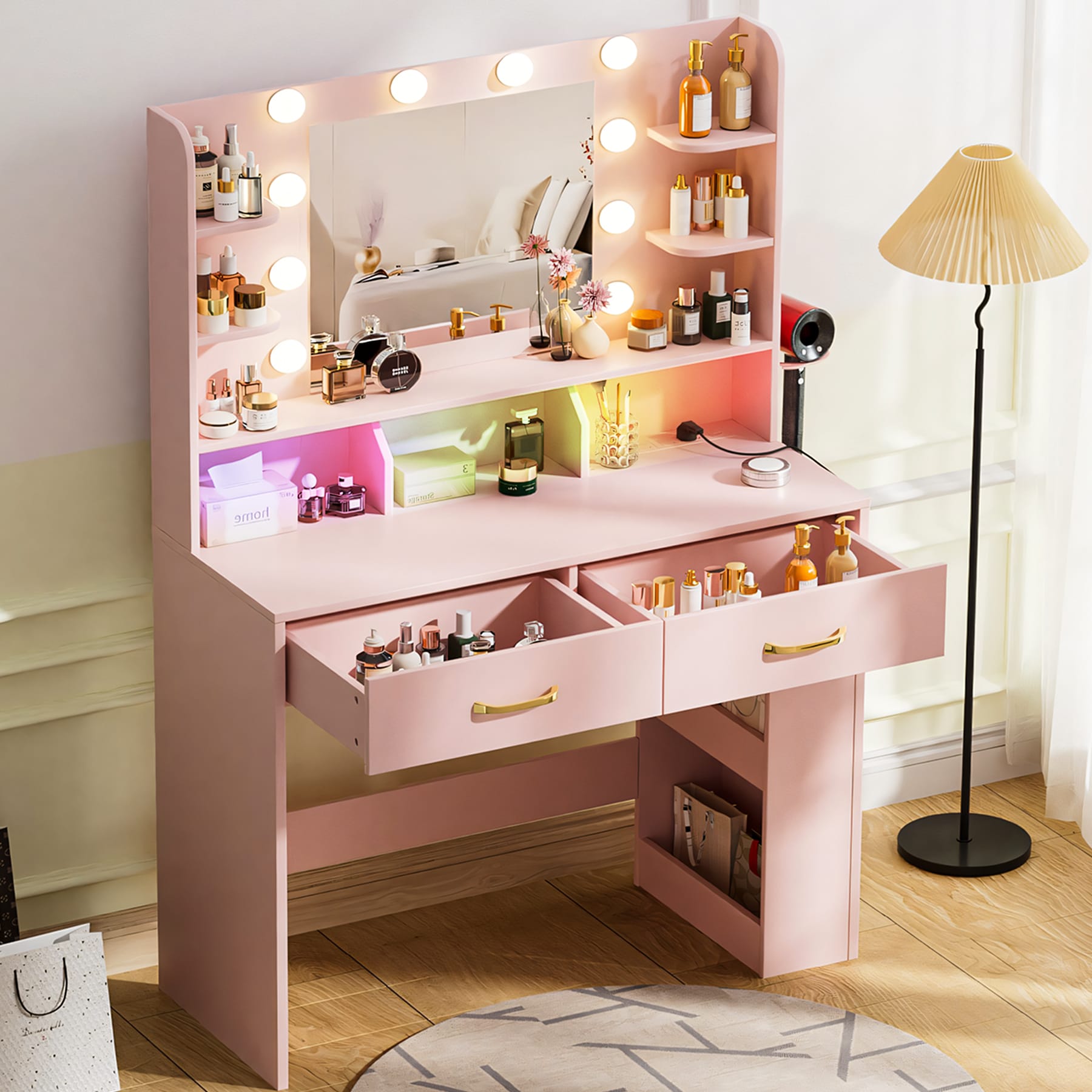 GTPLAYER LOWE'S-B1004-PINK Vanity Desk with Lighted Mirror and Power Outlet RGB LED Lights Makeup Vanity Pink