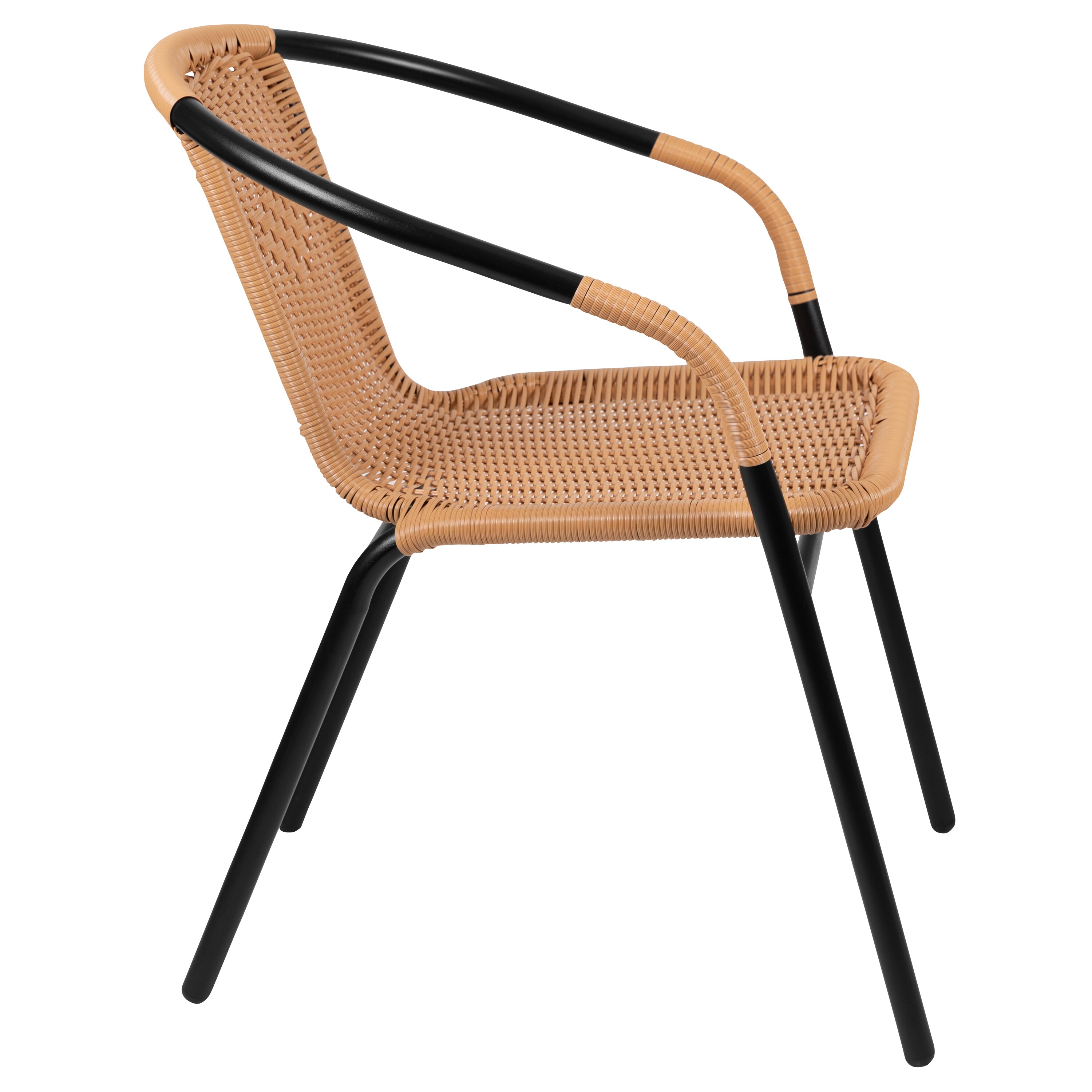 Beige Rattan and Black Steel Patio Dining Chairs, Set of 2