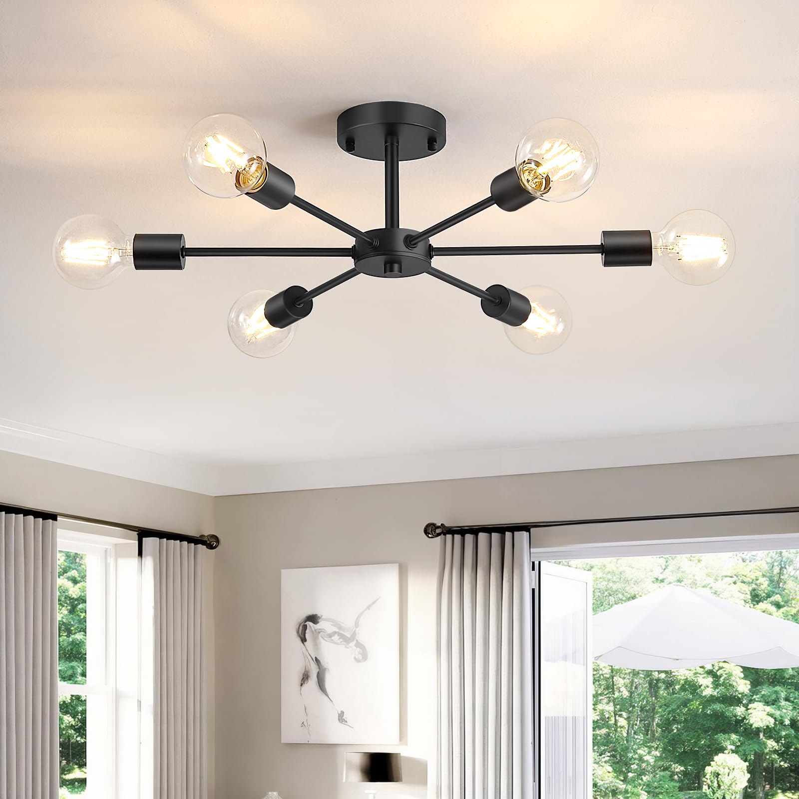 LAIFUCAM  6 Lights Semi Flush Mount Ceiling Light Matte Black Modern Sputnik Fixture for Kitchen Dining Room Bedroom Living Room