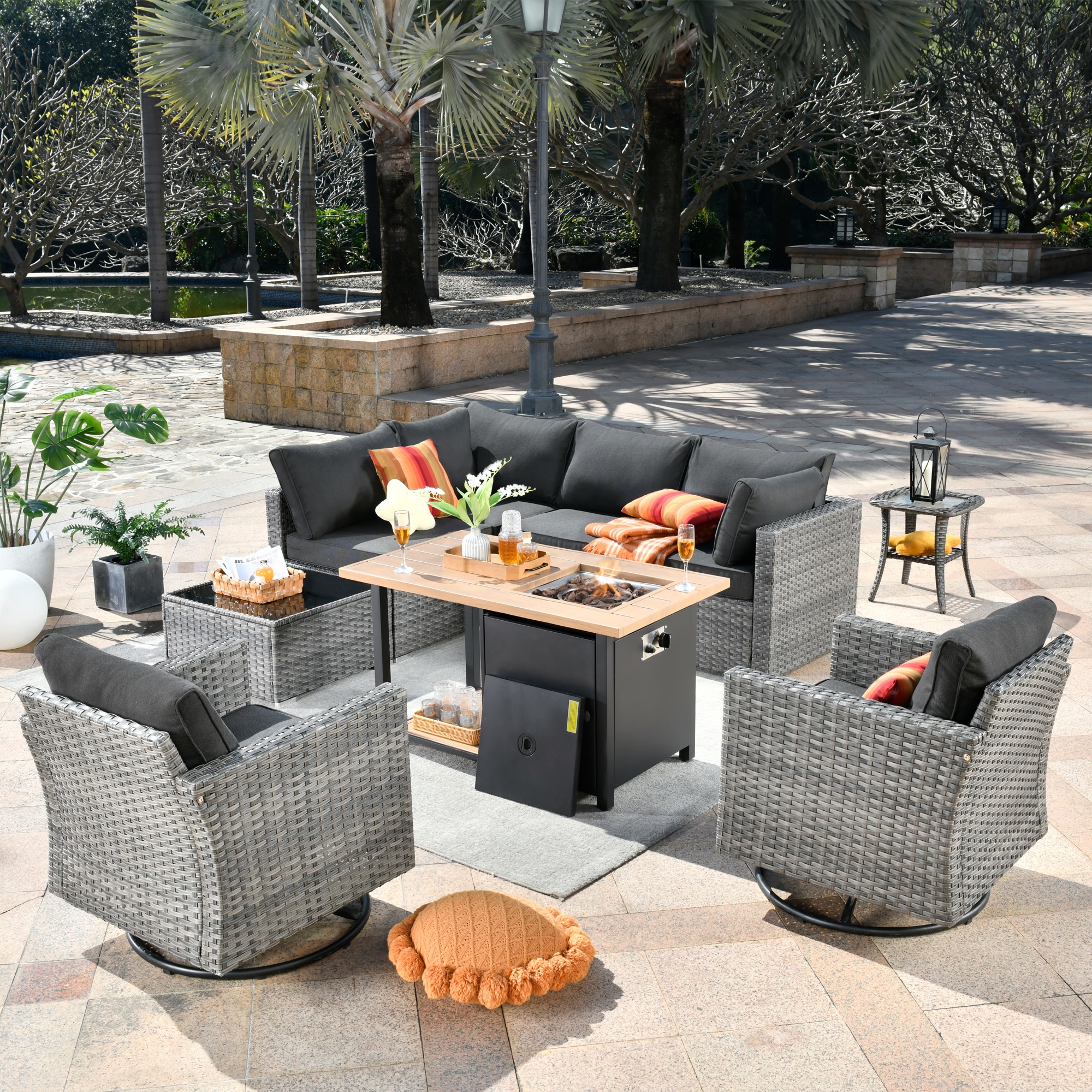 XIZZI XIHOPS1055-RC3DFP Sunrise 9-Piece Rattan Patio Sofa Conversation Set with Black Cushions