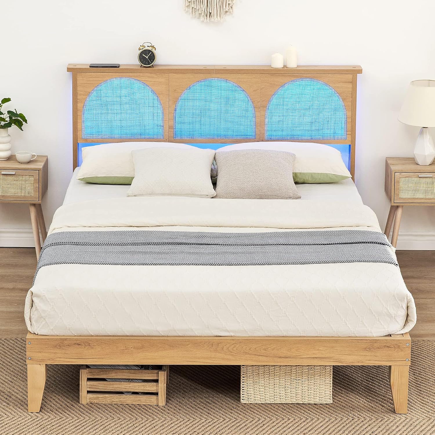 Qeetex LHF-BED-PHO-0XTD09VL Rattan Full Bed Frame with Headboard Natural Bed Frames with LED Lights and Storage Headboard Solid Wood Legs Noise Free No Box Spring Needed Easy Assembly