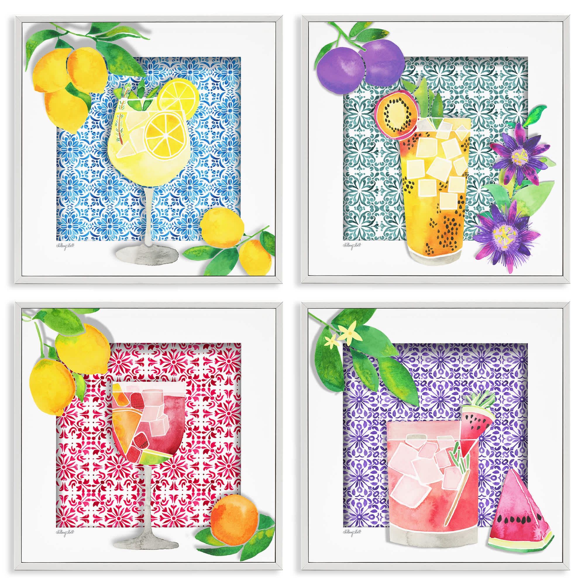 Stupell Industries A4-300-WFR-4PC-12X12 Bright Patterned Fruit Cocktails 4pc Framed Giclee Set design by Hillary Holt