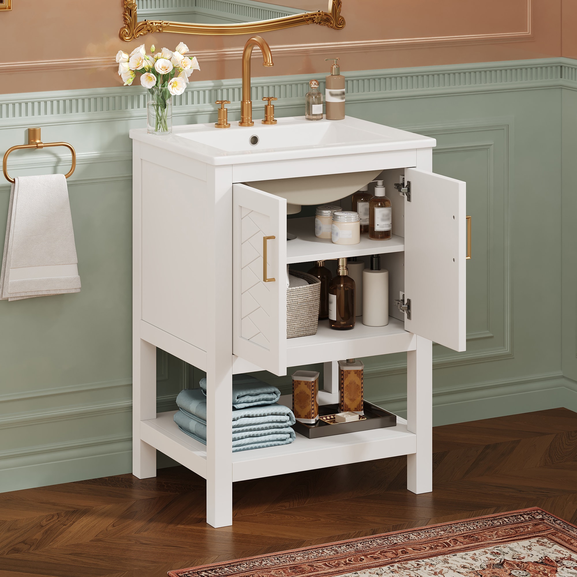Qualler  24 Inch Modern Bathroom Vanity with Elegant Twill Design and Soft-Close Hinges - White
