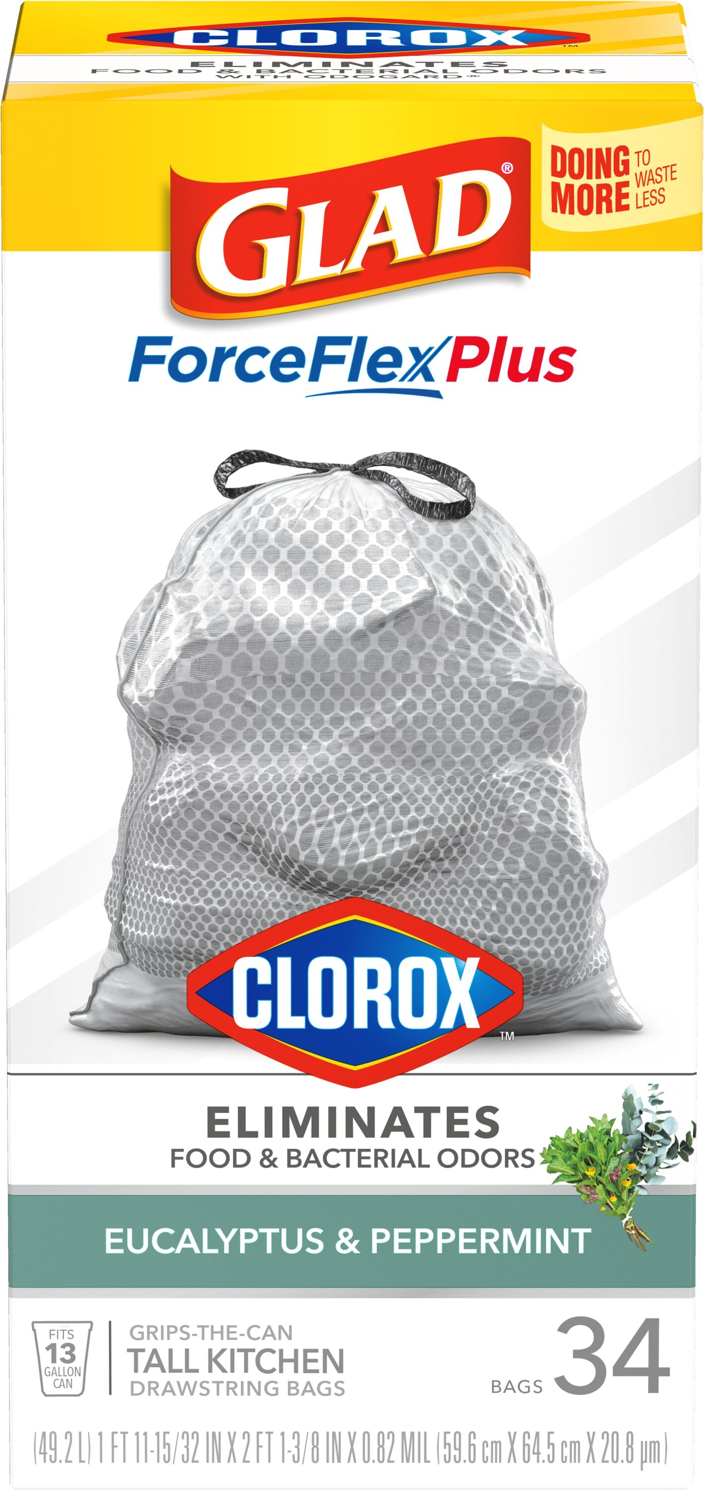 Glad ForceFlex Plus Tall Kitchen Bags, Drawstring, Grips-The-Can, Eucalyptus & Peppermint, 13 Gallon - 34 bags