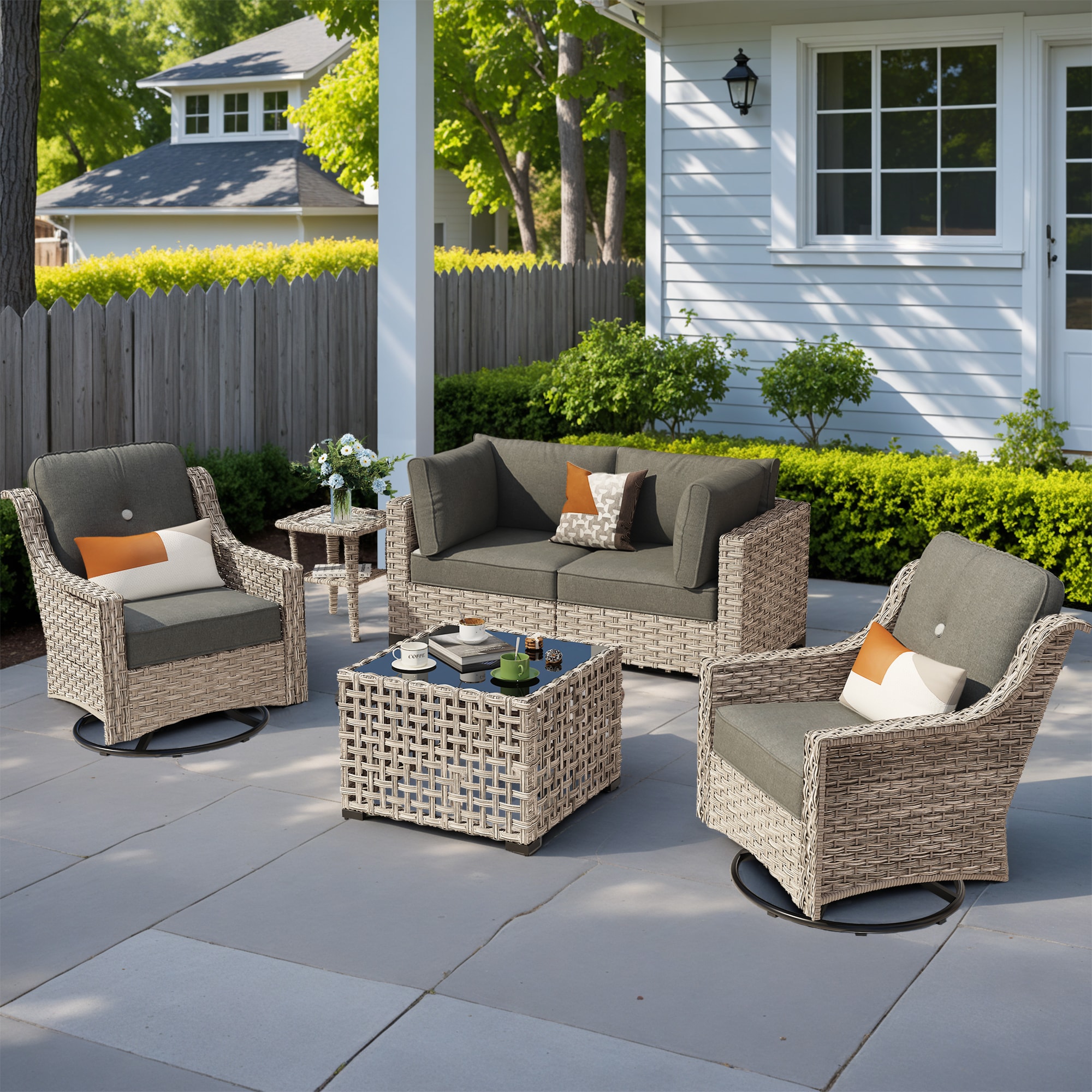 ALTRIGUS 6L-YZSKT206-AL 6 -Piece Wicker Patio Sofa Conversation Set with Dark Gray Cushions