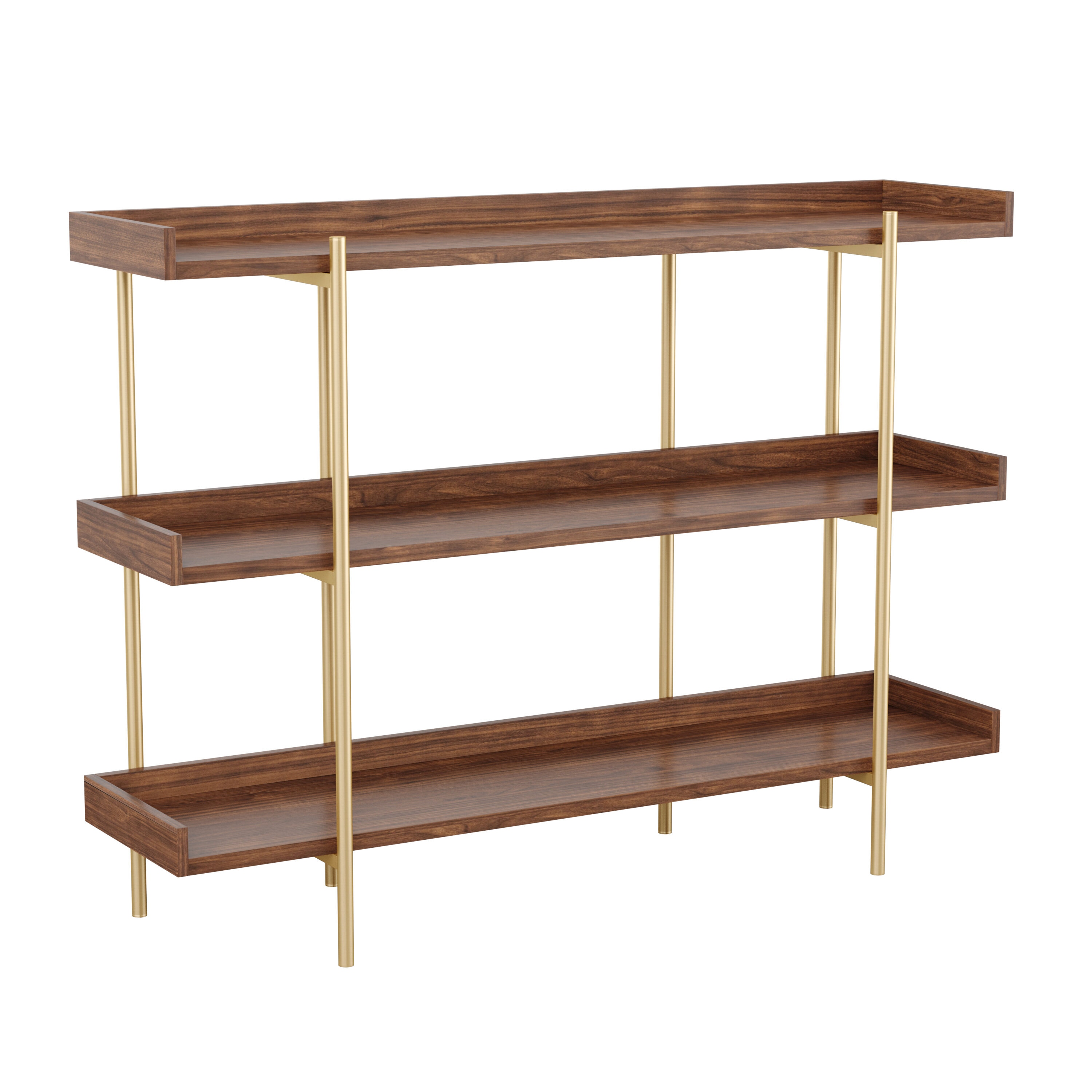 Martha Stewart Emmett Walnut Wood Grain Polished Brass Frame Metal 3 Shelf Bookcase 47.25 in W x 36.5 in H x 13.5 in D Unfinished 196861041433 at Lowes