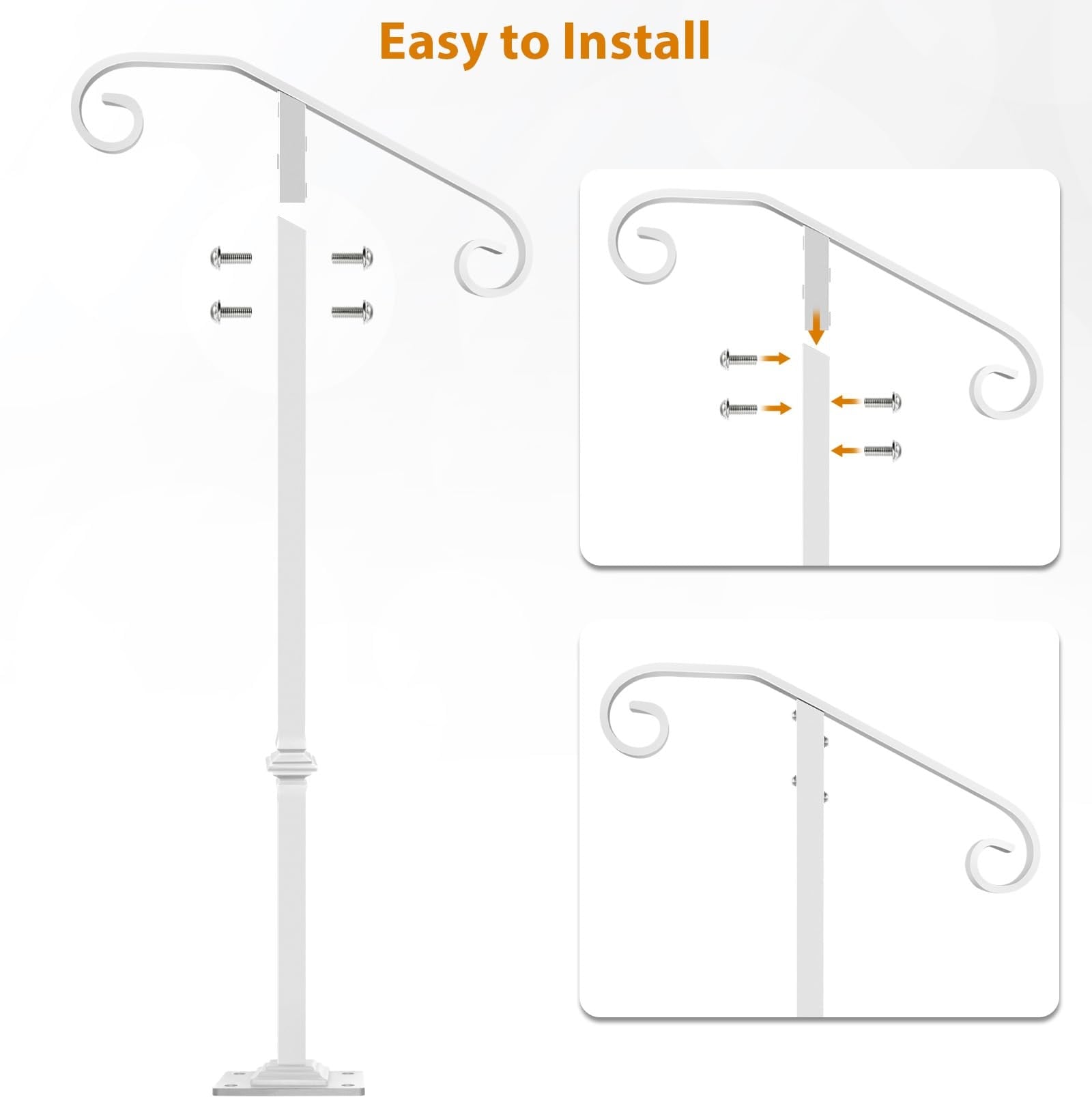 Etokfoks  White Wrought Iron Handrail Railing Single Post 38 in H 21 in Grip 4x6 in Base Plate 1 Pack