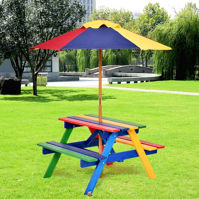 Clihome 4 Seat Colorful Wooden Outdoor, Childrens Wooden Picnic Table With Umbrella