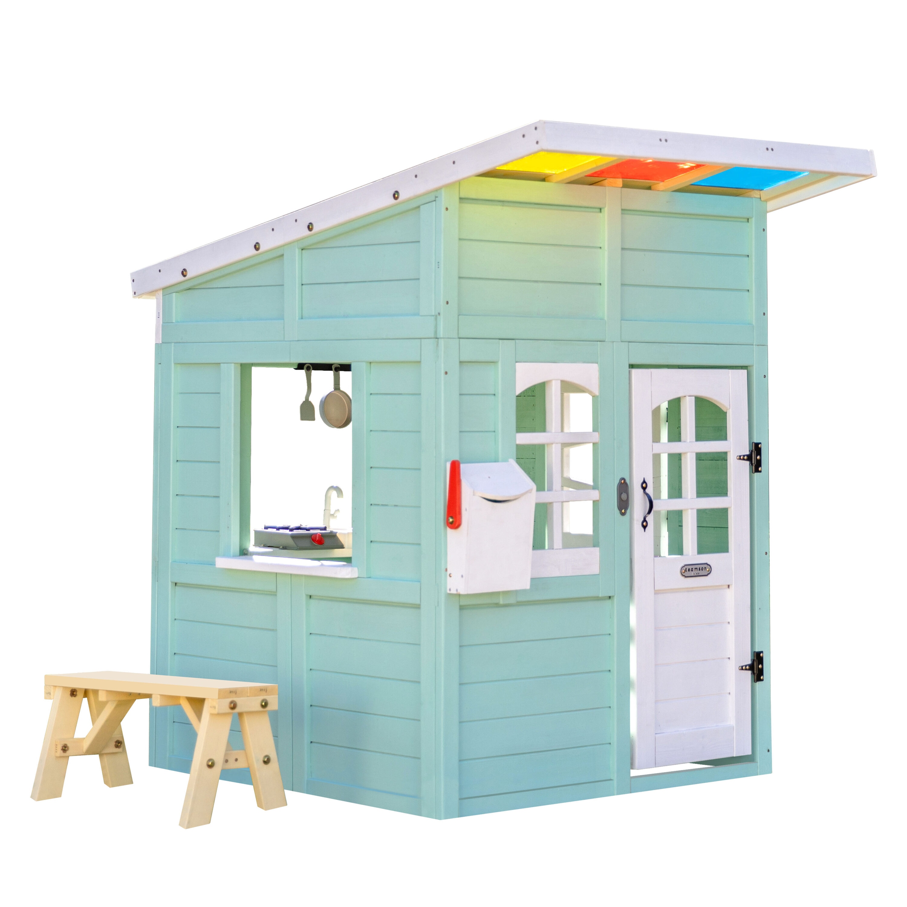 Teamson Kids Rainbow Shade Mint Interactive Kitchen Included Outdoor Wood Playhouse #T-OD-0062-00B